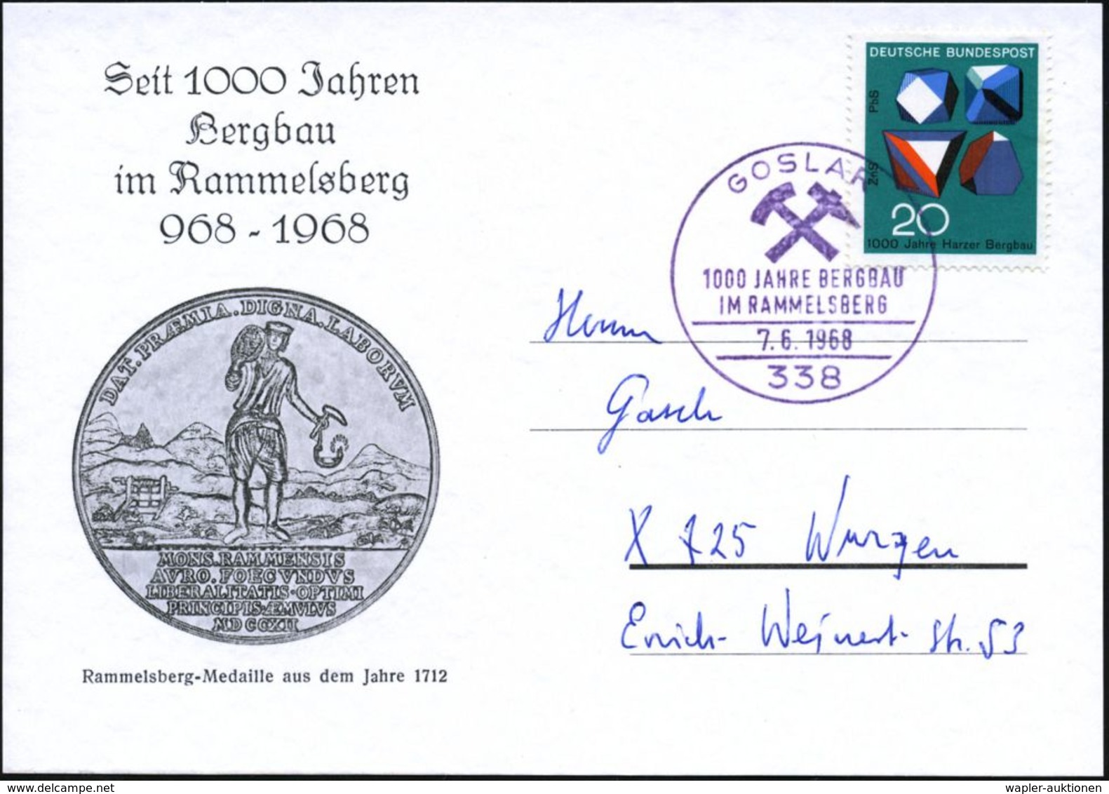 338 GOSLAR/ 1000 JAHRE BERGBAU/ IM RAMMELSBERG 1968 (7.6.) Viol. SSt  = 2 Bergbauhämmer (Rammelsberg-Medaille) EF 20 Pf. - Sonstige & Ohne Zuordnung