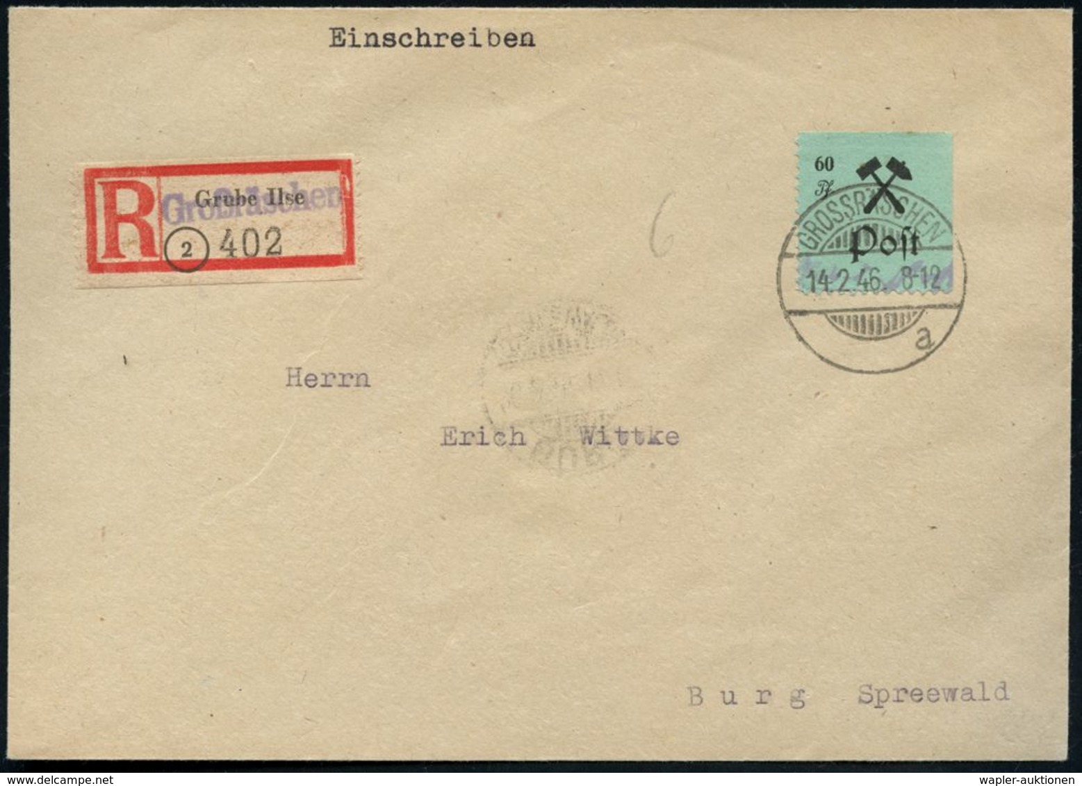 GROSSRÄSCHEN/ A 1946 (14.2.) 1K-Gitter Auf EF Lokalausgabe 60 Pf. "Bergbauhämmer", Grün + Alter RZ:  G R U B E   I L S E - Andere & Zonder Classificatie