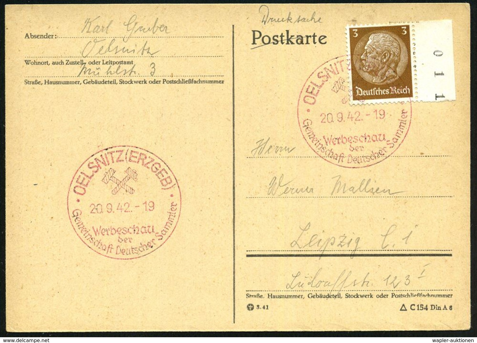 OELSNITZ (ERZGEB)/ Werbeschau/ Der/ GDS 1942 (20.9.) Seltener  R O T E R  SSt (Bergbauhämmer) Klar Gest. Inl.Kt. (Bo.4 R - Autres & Non Classés