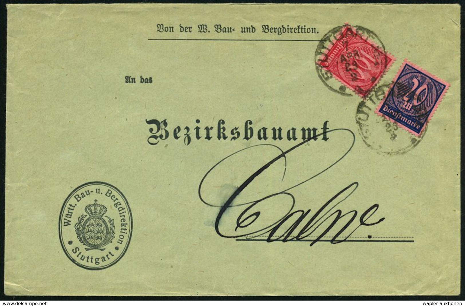 STUTTGART Nr.1 1923 (7.4.) 1K Auf Dienst 20 Mk. U. 100 Mk., Fern-Dienst-Bf: Württ. Bau- U. Bergdirektion  (Mi.D 72, D 74 - Otros & Sin Clasificación