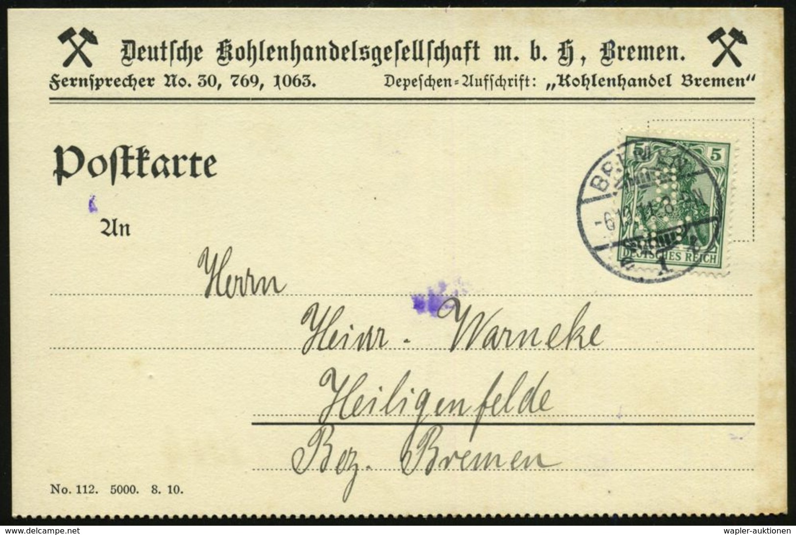 Bremen 1911 (6.10.) 5 Pf. Germania Grün Mit Firmenlochung: "D. K. / B." = D Eutsche Kohlenhandels-GmbH Bremen Auf Dekora - Andere & Zonder Classificatie