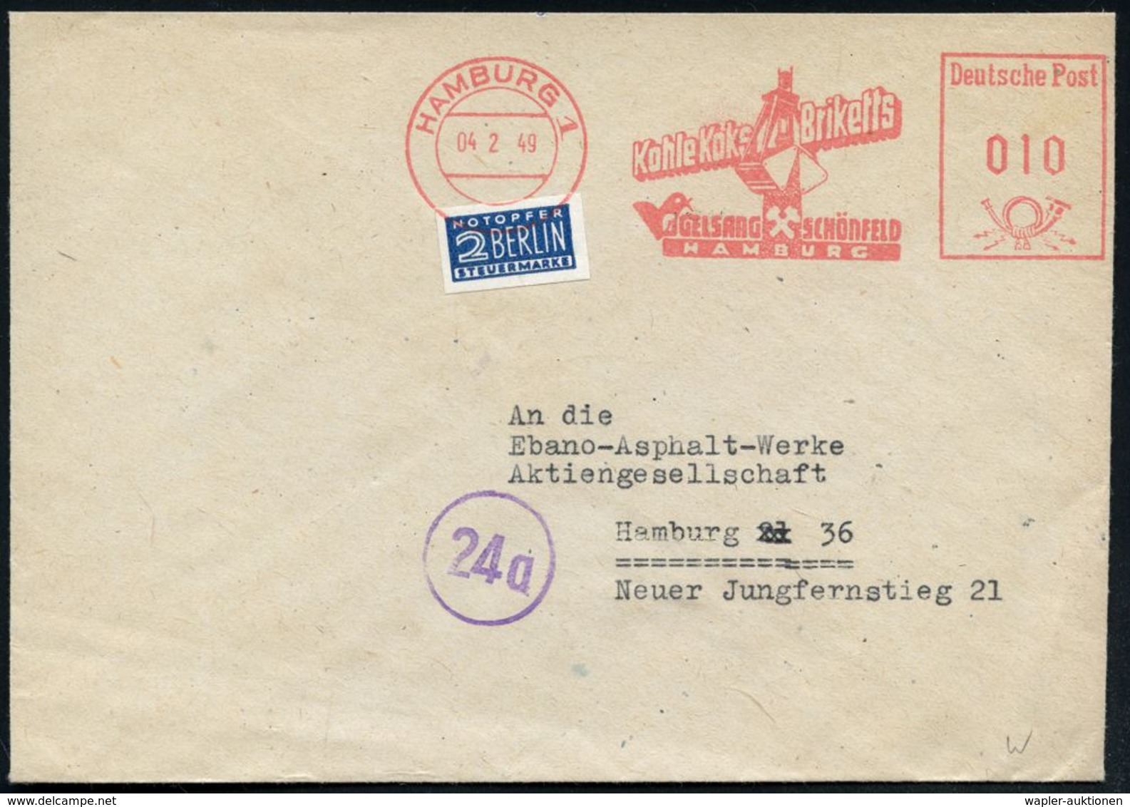 HAMBURG 1/ Kohle Koks Briketts/ VOGELSANG SCHÖNFELD 1949 (4.2.) AFS = Kohleverladekran, Rs. Motiv-ähnl. Abs.-Vordr. Auf  - Andere & Zonder Classificatie