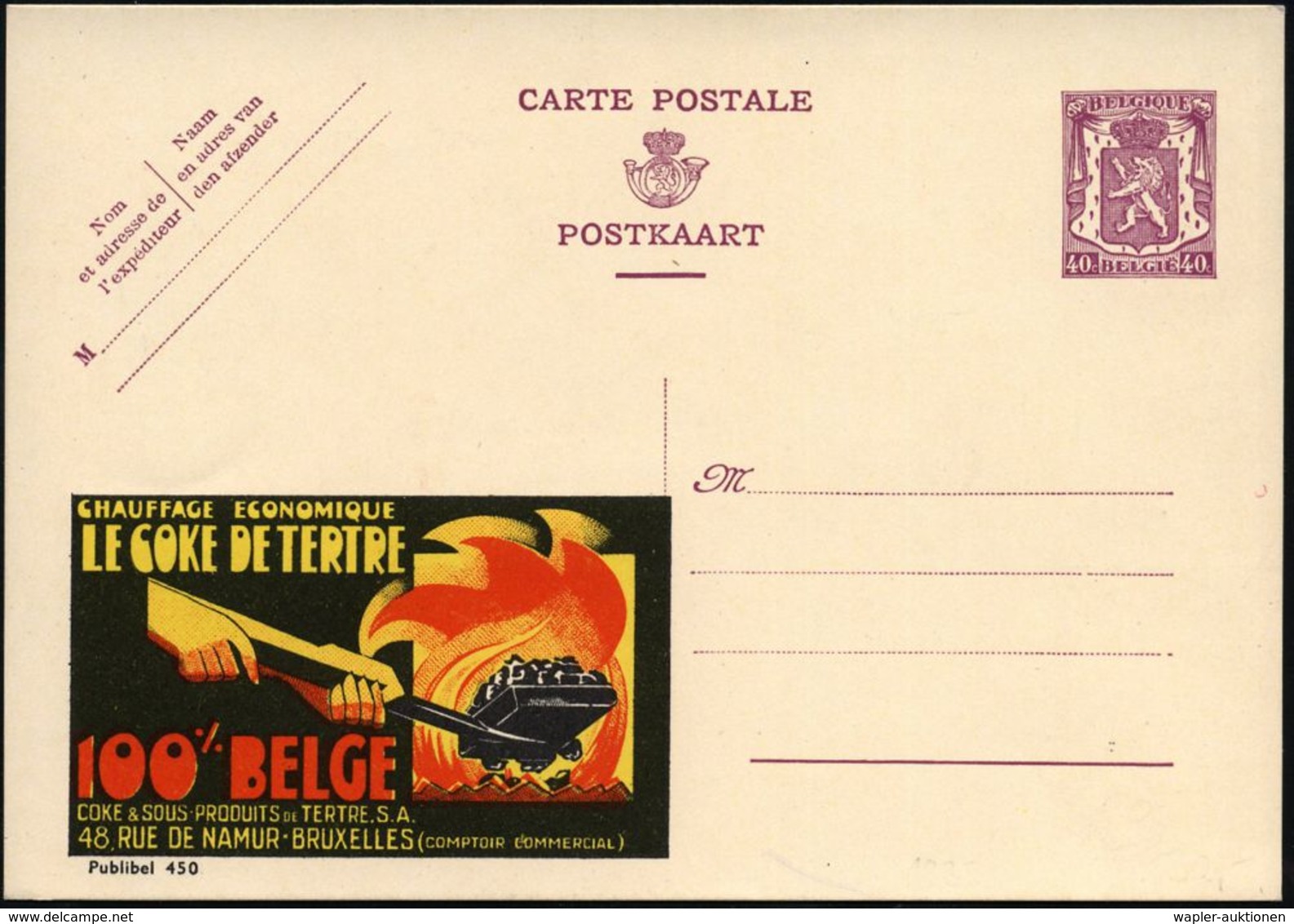 BELGIEN 1938 40 C. Reklame-P. Löwe, Br.-lila: CHAUFFAGE ECONOMIQUE/LE COCE DE TERTRE.. = Hand Mit Kohlenschaufel (u. Feu - Altri & Non Classificati