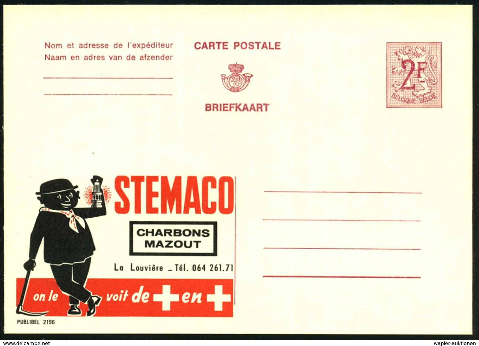 BELGIEN 1959 2 F. Reklame-P., Weinrot: STEMACO CHARBONS MAZOUT.. = Kohle-Bergmann Mit Spitzhacke (Helm U. Grubenlampe) U - Sonstige & Ohne Zuordnung