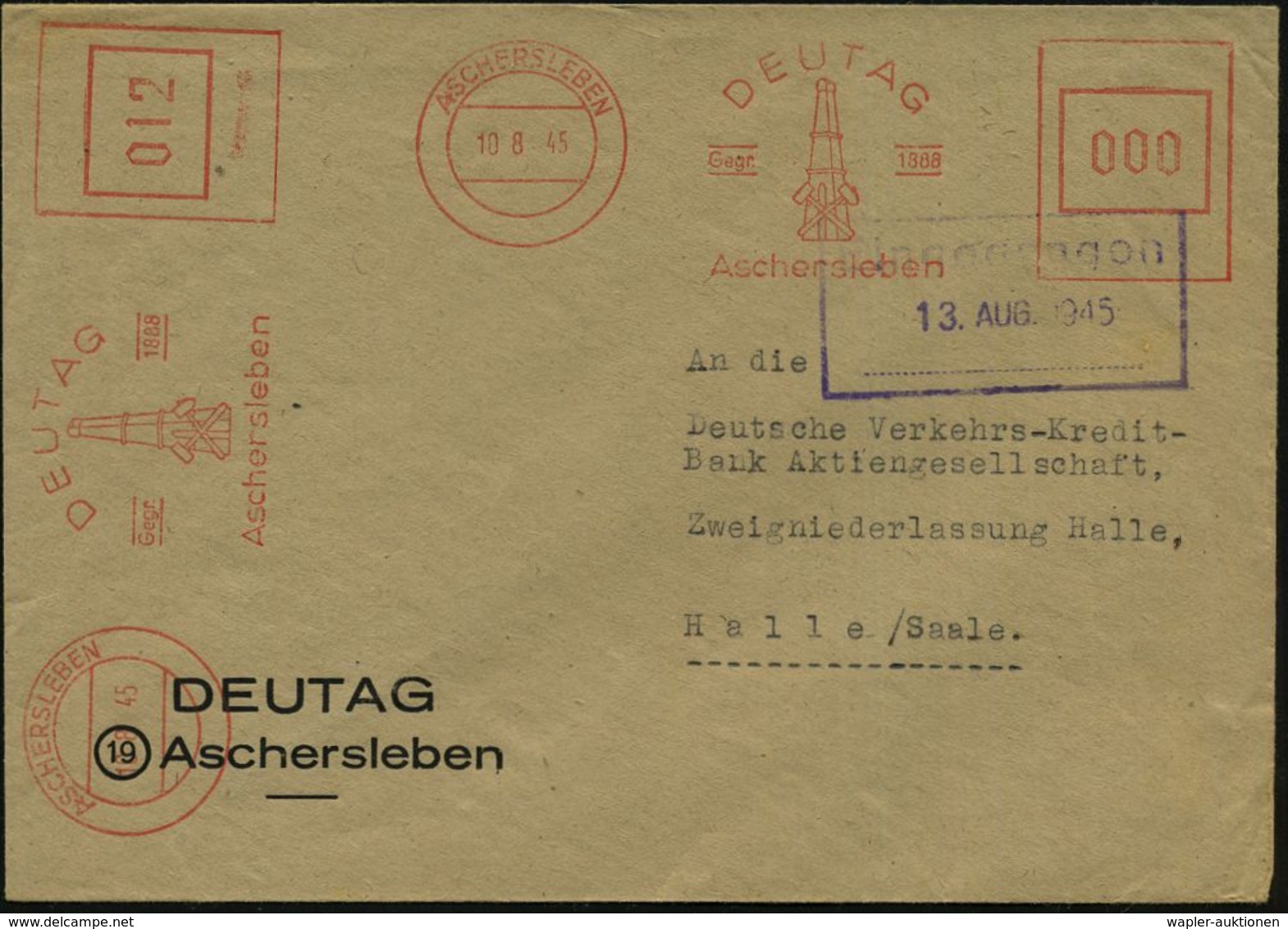 ASCHERSLEBEN/ DEUTAG/ Gegr.1888/ Aschersleben 1945 (10.8.) Aptierter AFS = NS-Adler U. Inschrift Wertrahmen Entfernt = E - Erdöl