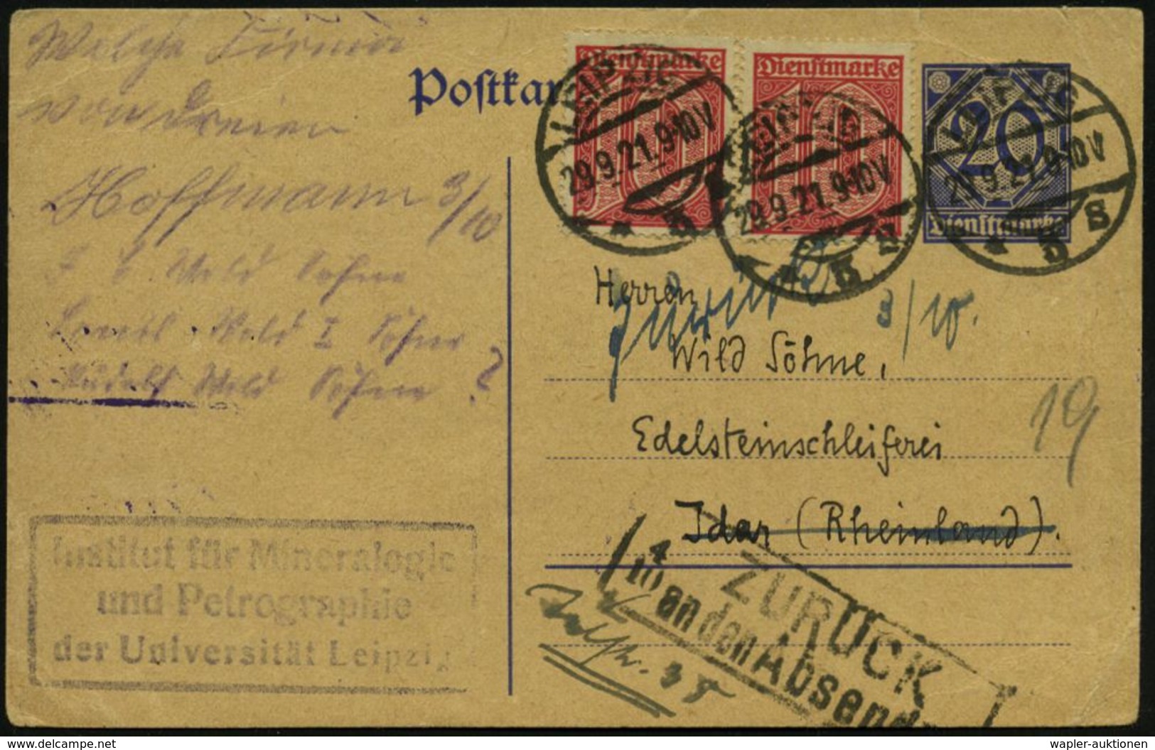 LEIPZIG/ *3S 1921 (29.9.) 1K-Brücke Auf Dienst-P. 20 Pf. + 2x 10 Pf. + Viol.Ra3: Institut Für Mineralogie U. Petrographi - Aardolie