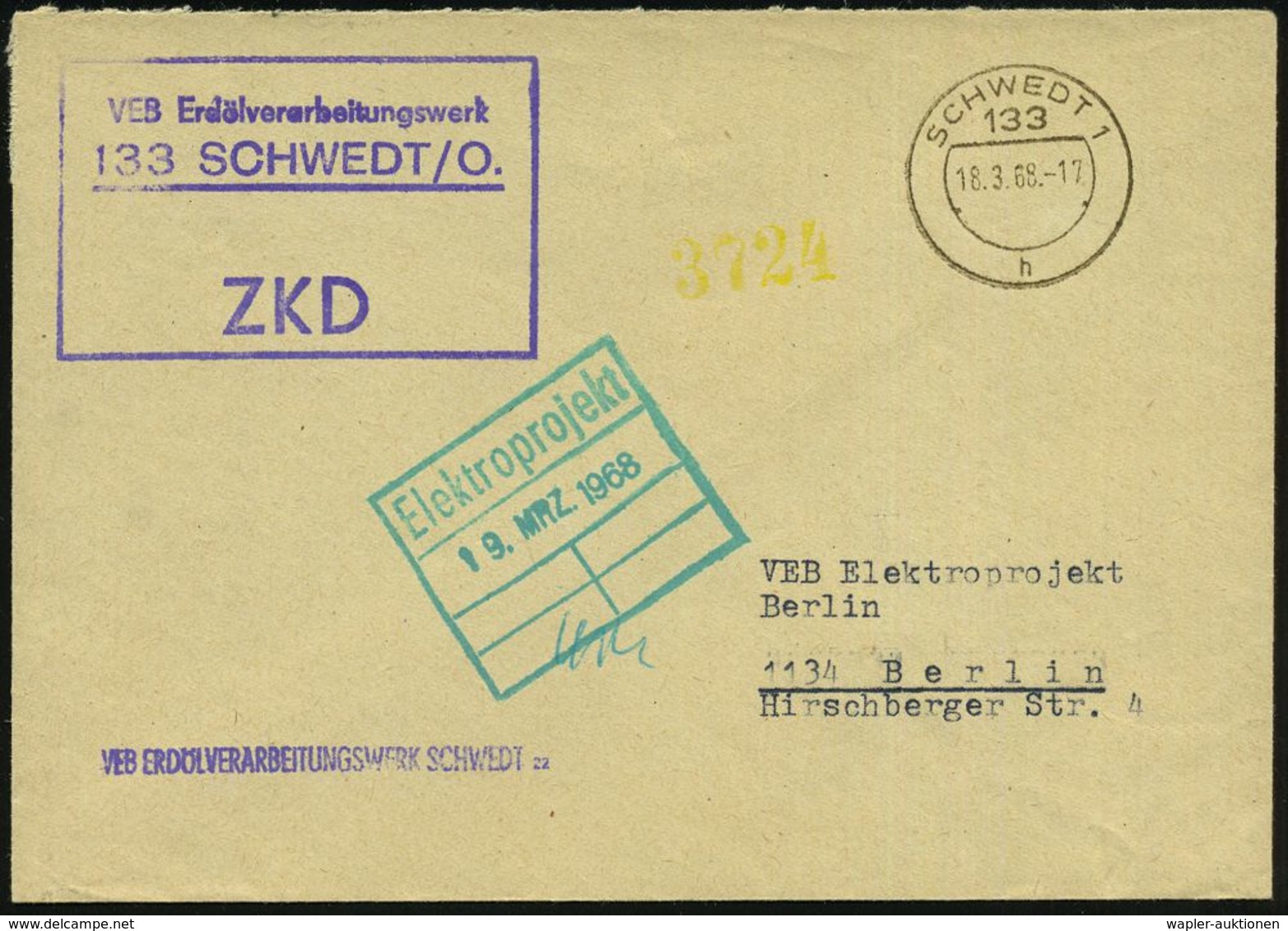 133 SCHWEDT-O./ ZKD/ VEB Erdölverarbeitungswerk 1968 (18.3.) Viol. ZKD-Ra3 + 1K: 133 SCHWEDT 1 + Viol. Abs.-1L + Gelber  - Petrolio