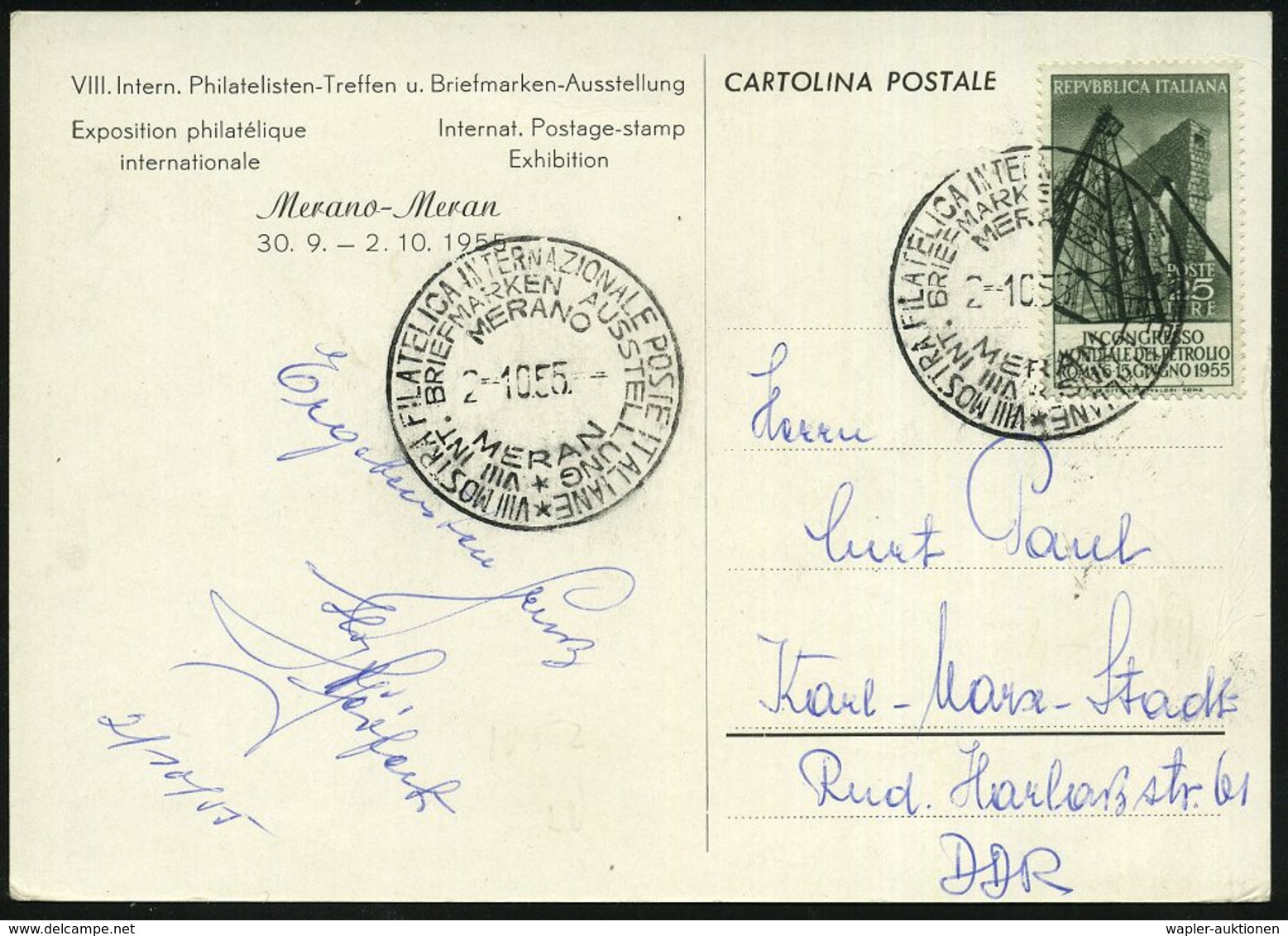 ITALIEN 1955 (Okt.) 25 L. "4. Welt-Erdöl-Kongreß", EF + Philatel. SSt (MERANO/MERAN), Bedarfs-Ausl.-Kt.  (Mi.941 EF) - E - Petrolio