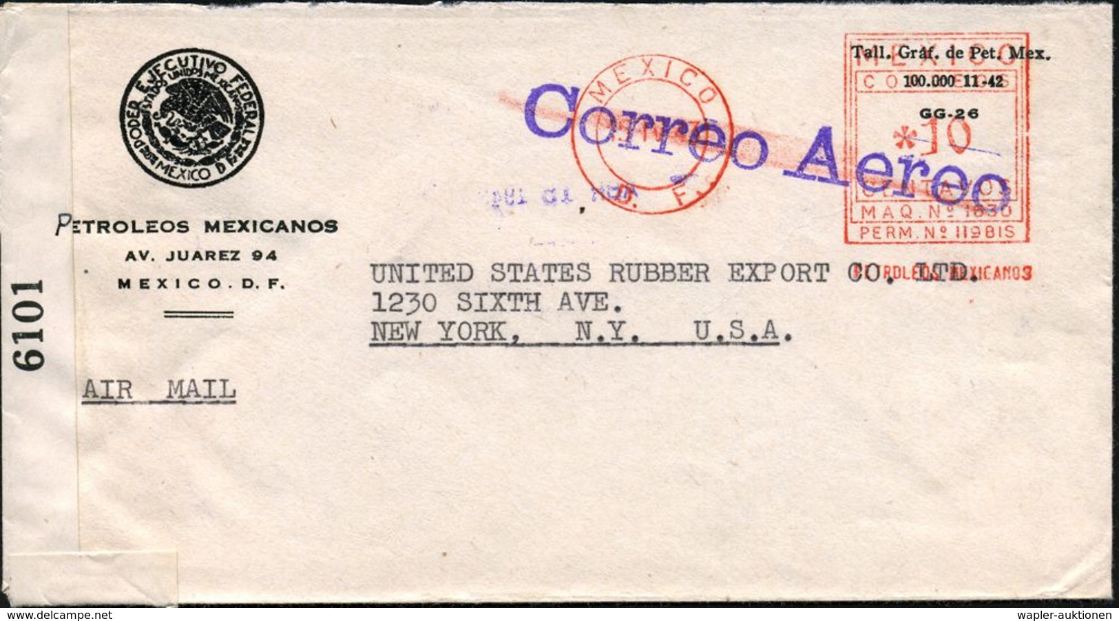 MEXICO 1943 (15.4.) AFS: MEXICO/D.F./MAQ.No.1630/PERM.No.119 BIS = Staatl. Mexikan. Erdöl-Ges., Dekorat. Dienst-Vordr.Bf - Aardolie