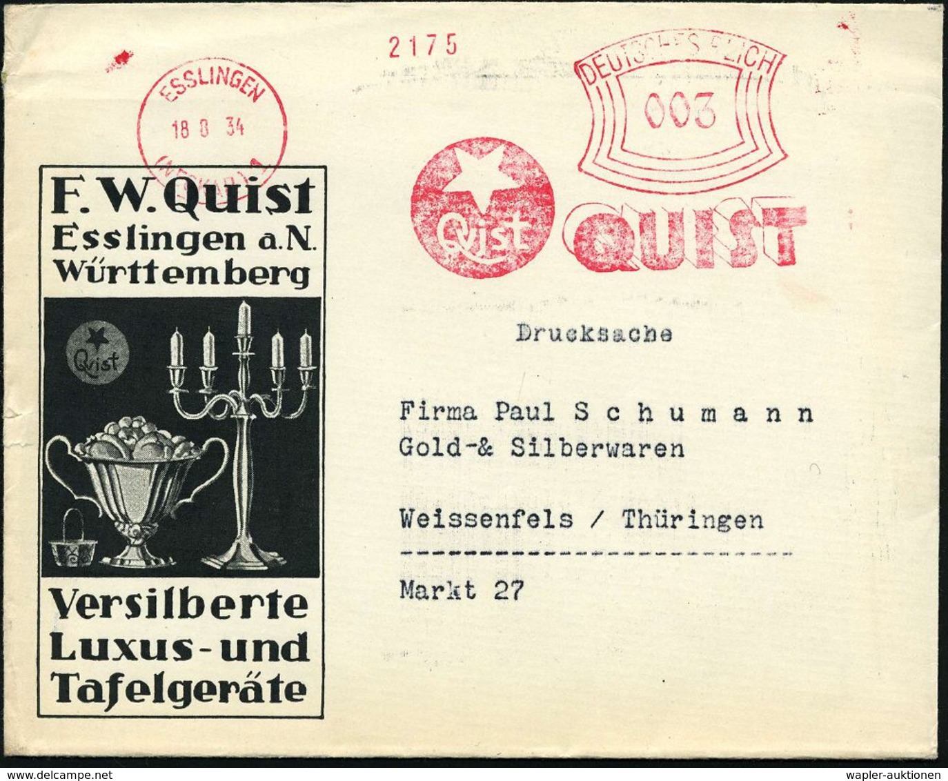 ESSLINGEN/ (NECKAR)/ 1/ QUIST 1934 (18.8.) AFS = Stern (Logo) Auf Dekorat. Reklame-Bf.: Versilberte Luxus-Tafelgeräte (m - Sonstige & Ohne Zuordnung