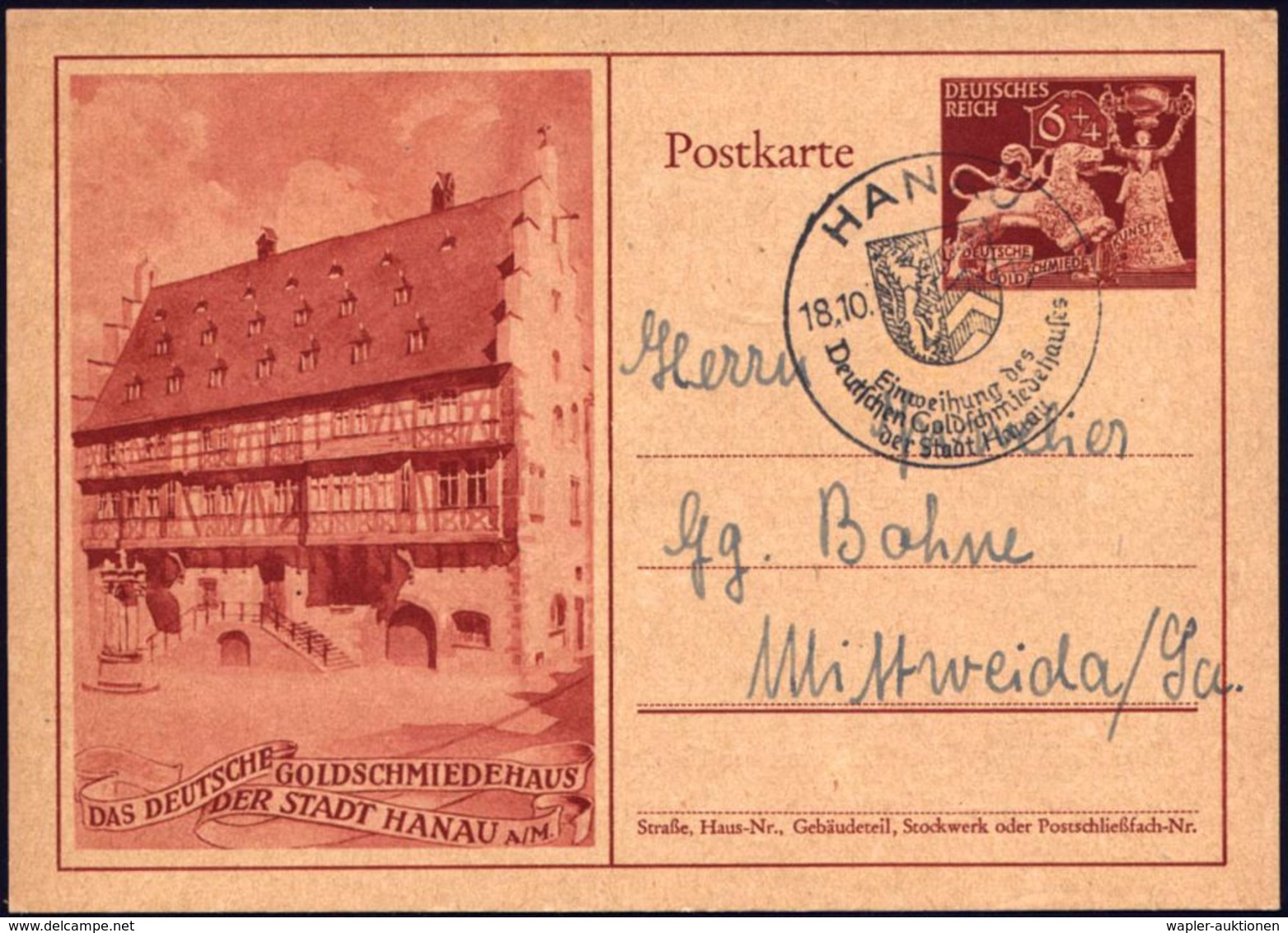 HANAU/ Einweihung Des/ Deutsches Goldschmiedehauses.. 1942 (18.10.) SSt (Stadtwappen) Auf Sonder-P 6 Pf.+ 4 Pf. "Deutsch - Autres & Non Classés