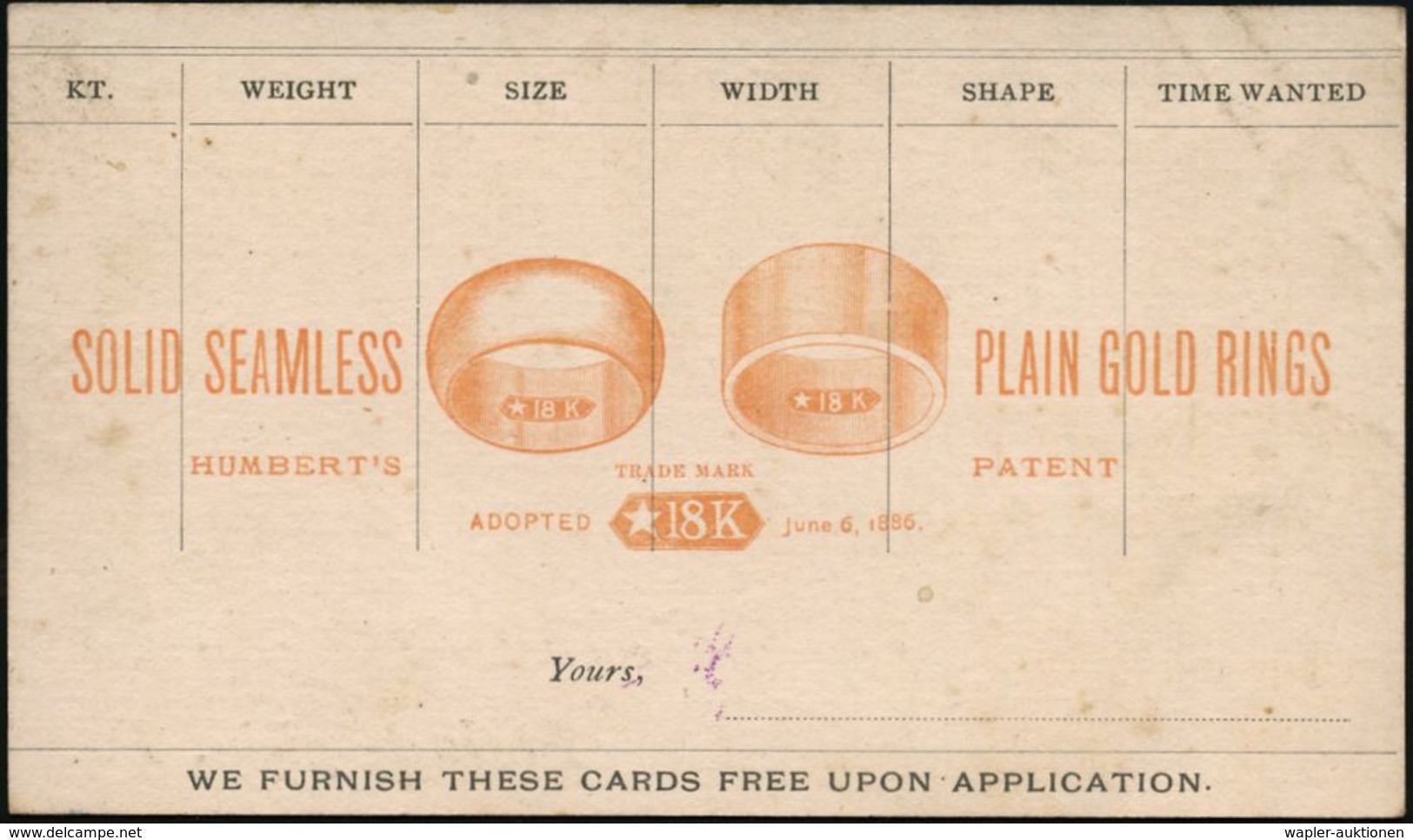 U.S.A. 1886 Amtl. Inl.-P 1 C. Jefferson, Schw. + Orange Reklame-Zudruck: ..PLAIN GOLD RINGS/TRADE MARK/* 18 K.. (= The N - Autres & Non Classés