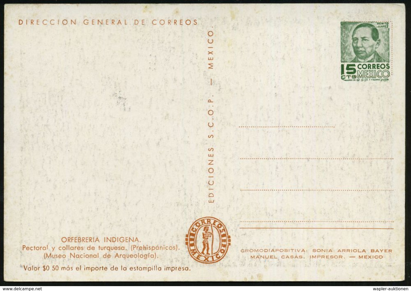 MEXICO 1957 15 C. BiP Juarez, Grün: Indigener Schmuck (vor-spanische Zeit) = Halsketten, Halskrause Etc., Ungebr. - SCHM - Sonstige & Ohne Zuordnung
