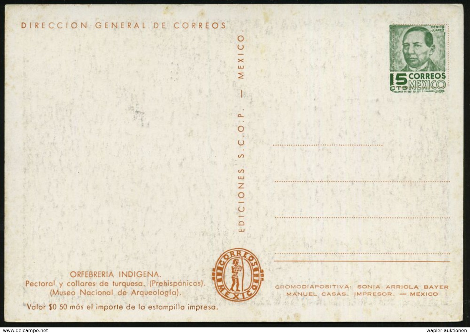 MEXICO 1957 15 C. BiP Juarez, Grün: Indigener Schmuck (vor-spanische Zeit) = Halsketten, Halskrause Etc., Ungebr. - SCHM - Altri & Non Classificati