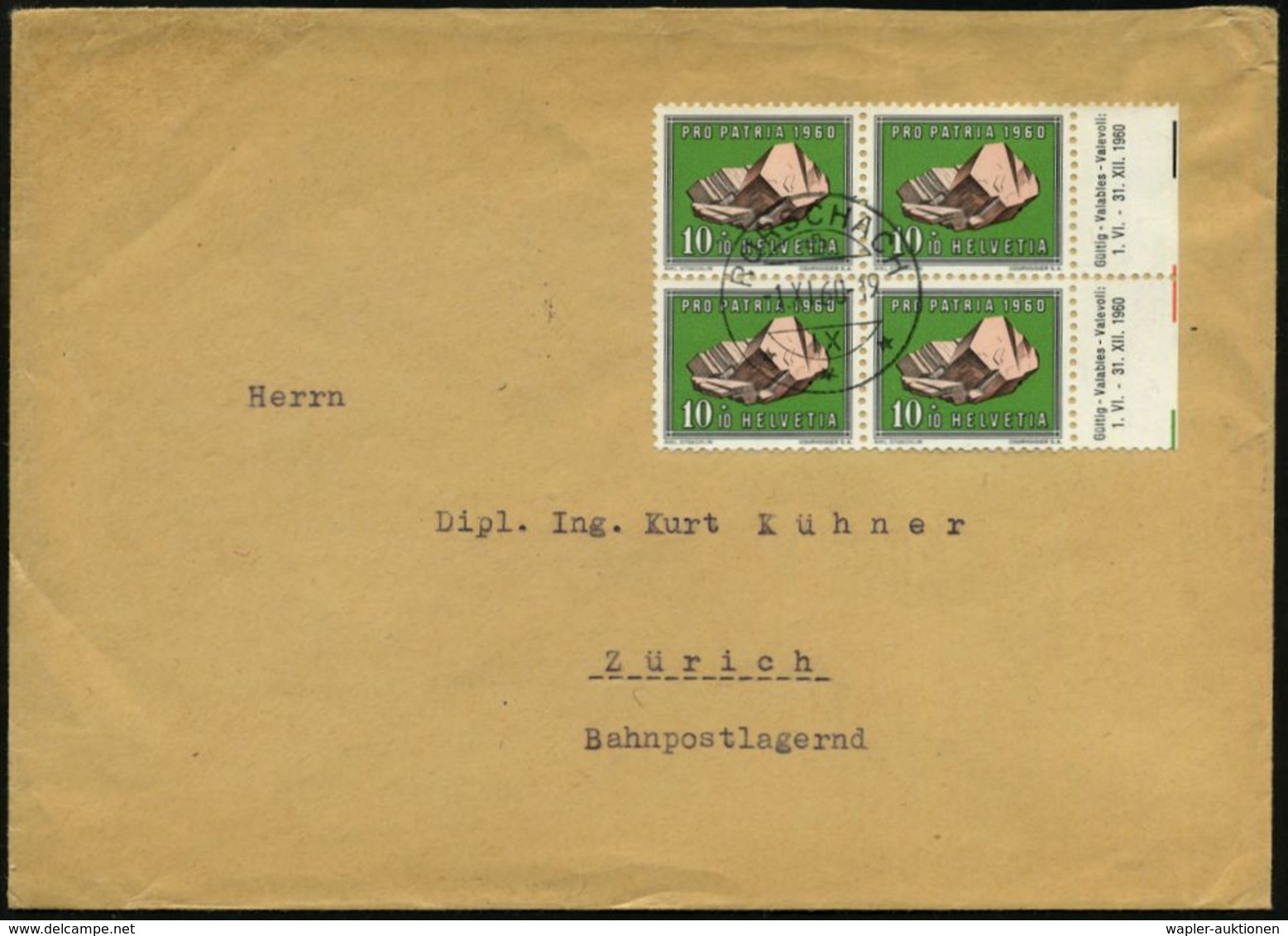 SCHWEIZ 1960 (1.11.) 10 C.+ 10 C. Kalifeldspat, Reine MeF: Rand-4er-Bl. M.Inschrift U. Datum/Farbrand , Klar Gest. Inl.- - Sonstige & Ohne Zuordnung