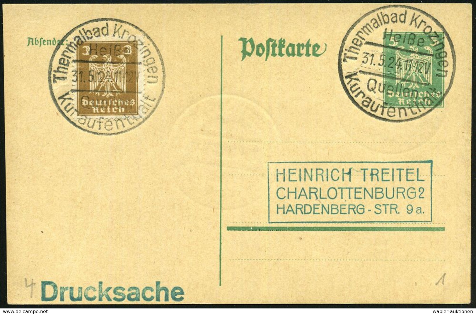 Bad Krozingen 1924 (31.5.) Seltener HWSt: THERMALBAD Krotzingen/Quellen/Kuraufenthalt , 2x Klar Auf Inl.-Kt. (Bo.1 , Nur - Vulkanen
