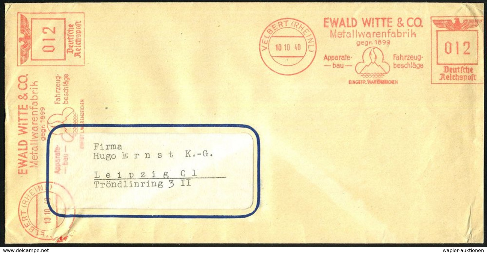 VELBERT (RHEINL)/ EWALD WITTE & CO/ Metallwarenfabrik.. 1940 (10.10.) AFS 012 Pf. + 012 Pf. = 2 Abdrucke (Logo: Ausbrech - Vulkanen