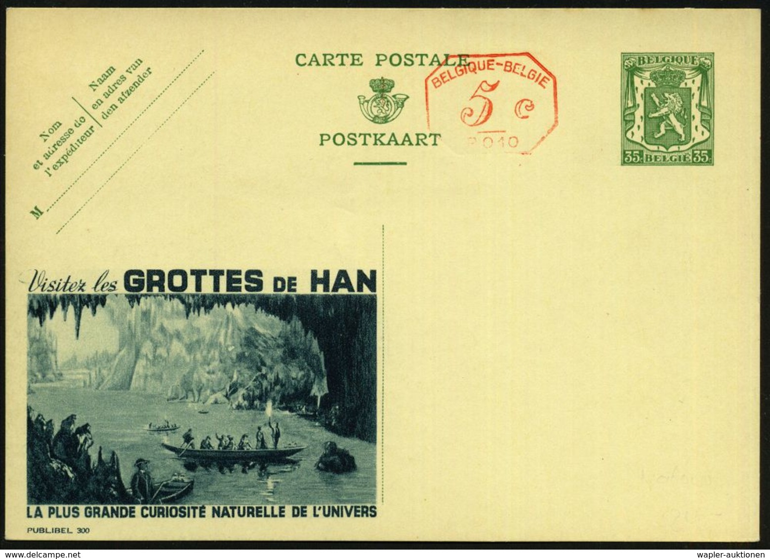 BELGIEN 1938 35 C. + 5 C.PFS Aufgewertere Reklame-BiP Löwe, Grün: Visitez Les GROTTES DE HAN.. = Tropfsteinhöhle (u. Rud - Autres & Non Classés