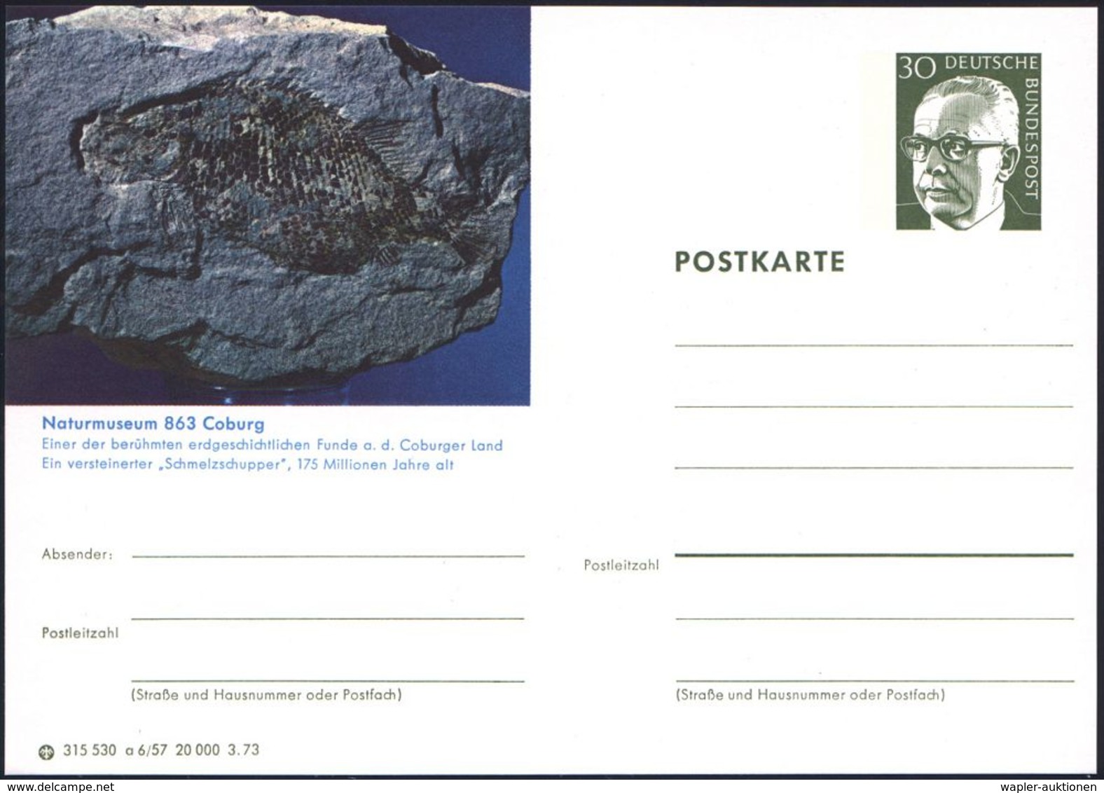 863 Coburg 1973 30 Pf. BiP Heinemann: Naturmuseum, "Schmelzschupper", 175 Millionen Jahre , Ungebr. (Mi.P 109) - PALÄONT - Andere & Zonder Classificatie
