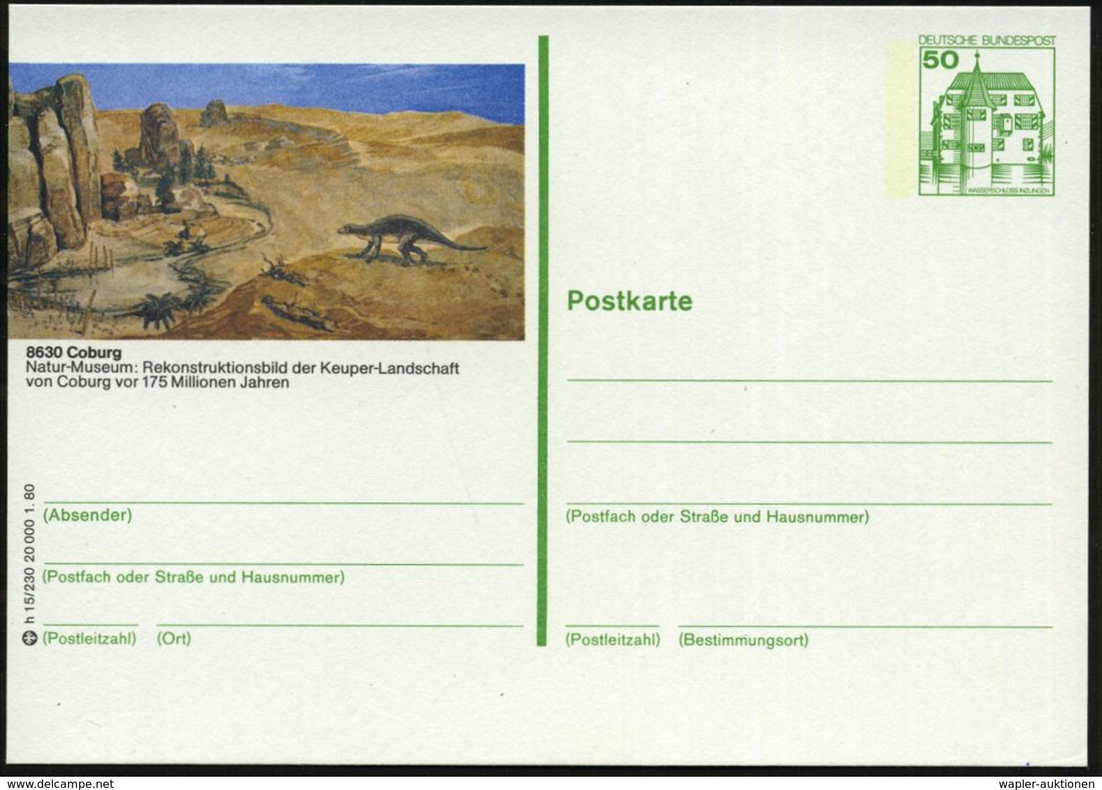 8630 Coburg 1980 50 Pf. BiP Burgen, Grün: Natur-Museum: Keuper-Landschaft..vor 175 Mio. Jahren = Saurier , Ungebr. - PAL - Altri & Non Classificati