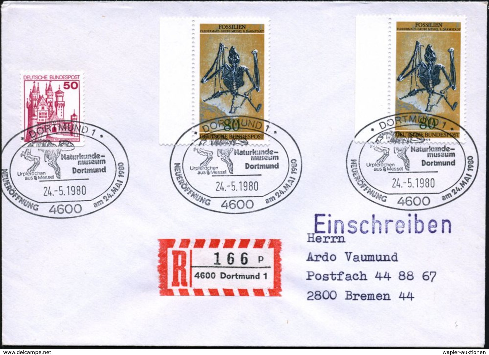 4600 DORTMUND 1/ Naturkunde-/ Museum/ Urpferdchen/ Aus Messel.. 1980 (24.5.) SSt = Urpferd 3x Auf 2x 80 Pf. Fossile Fled - Sonstige & Ohne Zuordnung