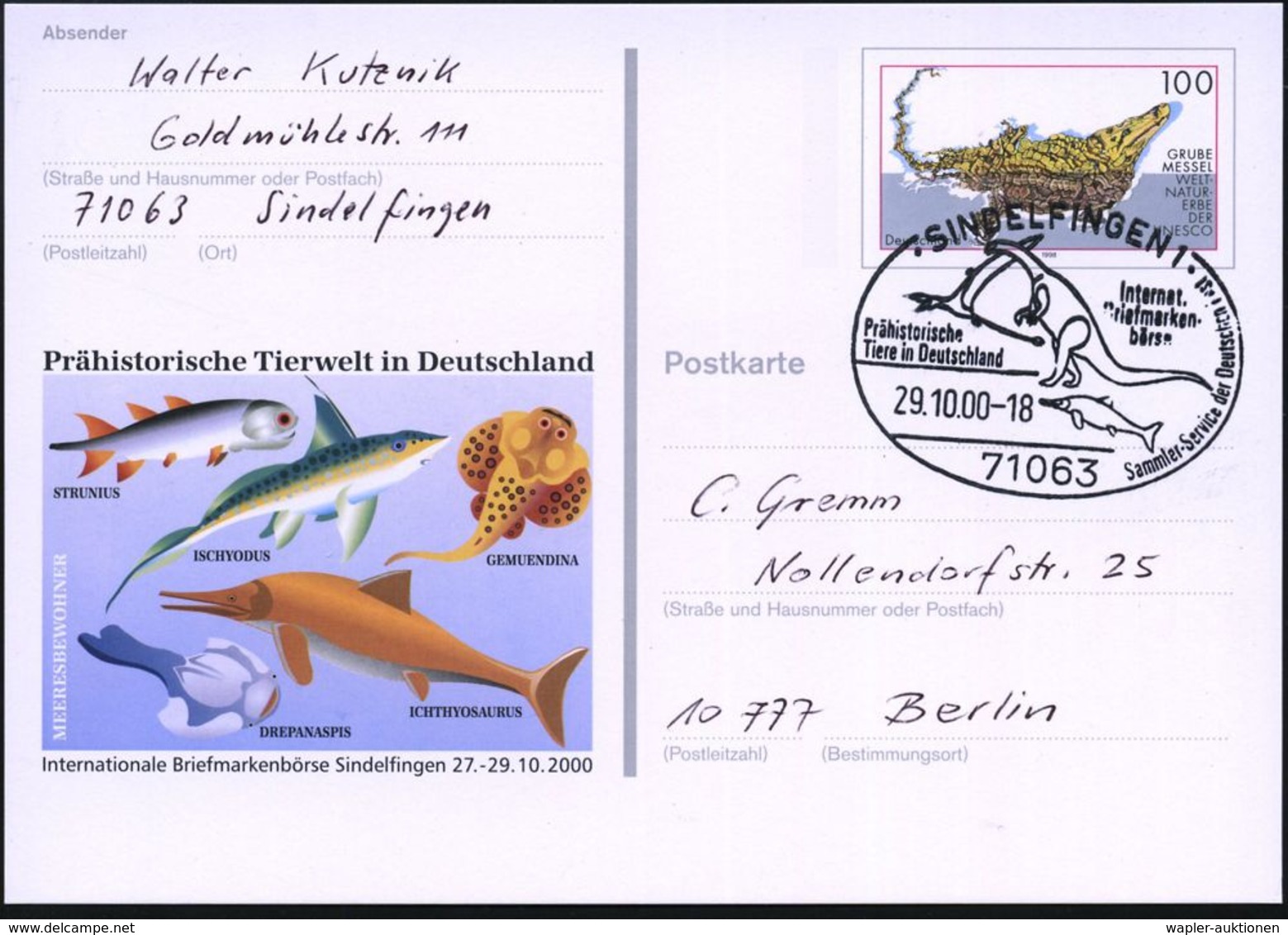 71063 SINDELFINGEN 1/ Prähistor./ Tiere.. 2000 (29.10.) SSt = Flug-, Land- U. Meeres-Saurier Auf Sonder-P 100 Pf. Grube  - Autres & Non Classés