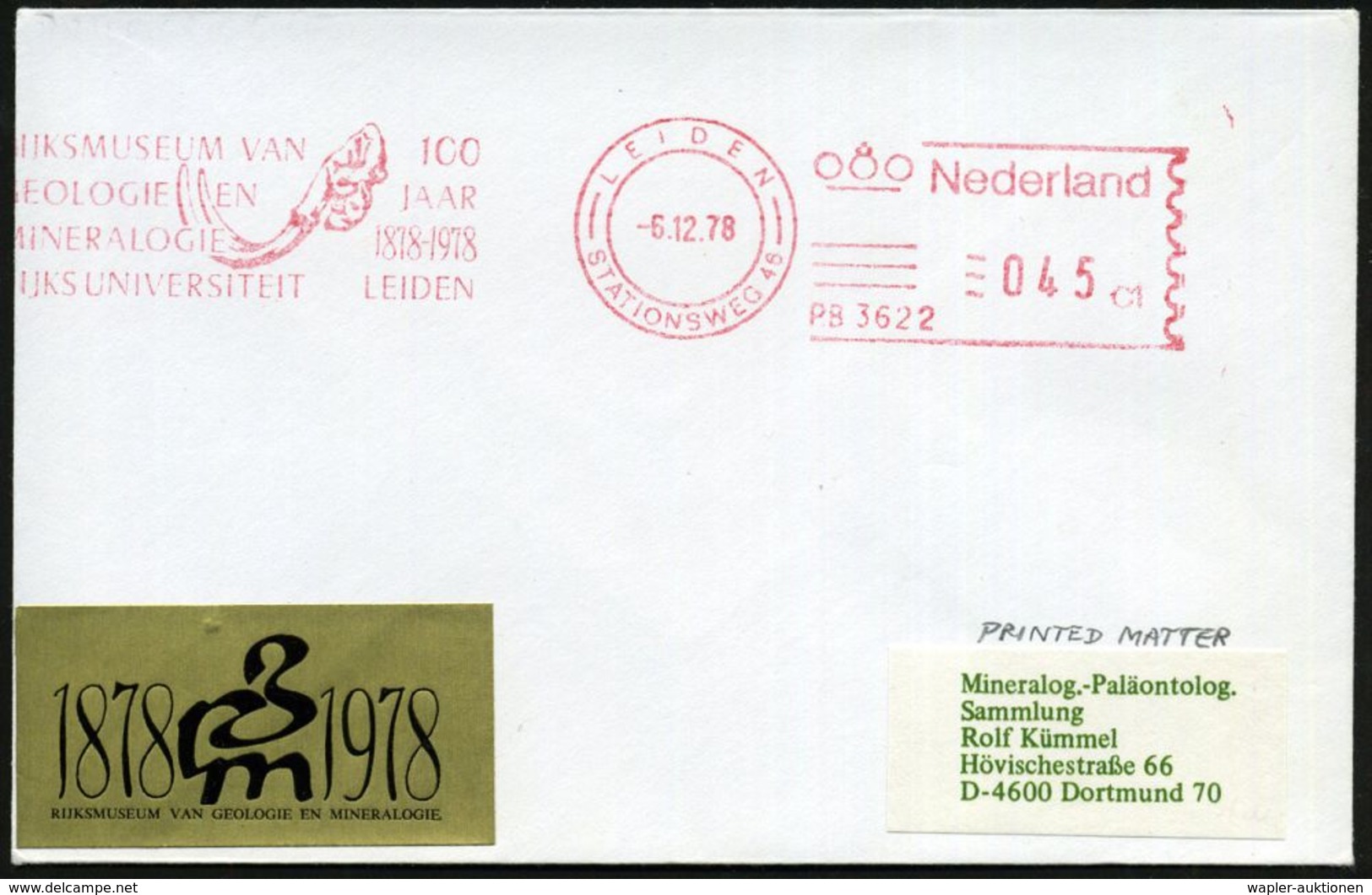 NIEDERLANDE 1978 (6.12.) AFS: LEIDEN/PB.3622/REIJKMUSEUM VAN/ GEOLOGIE EN/ MINERALOGIE../100 JAAR = Mammut-Kopf (m. Stoß - Sonstige & Ohne Zuordnung