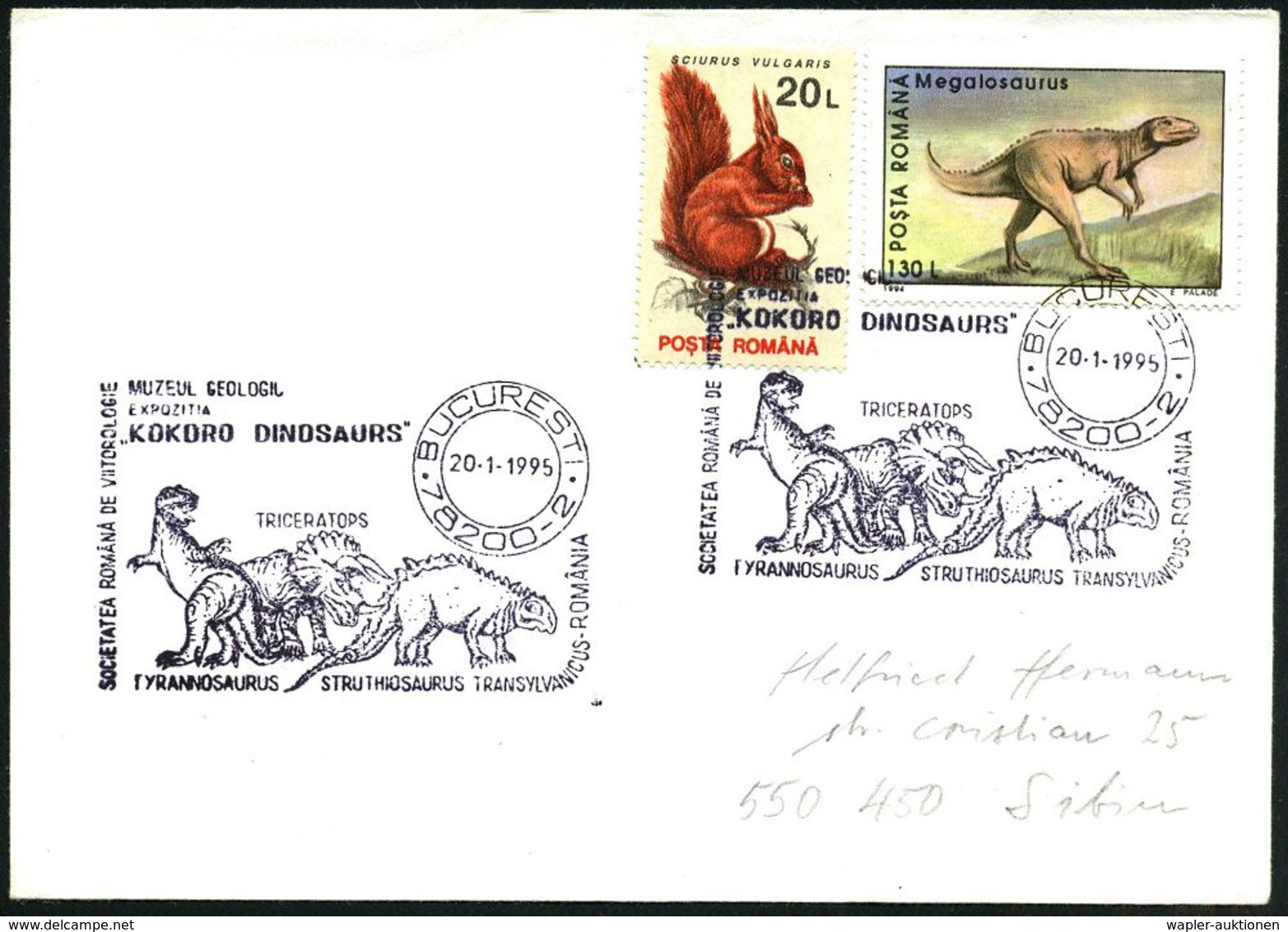 RUMÄNIEN 1995 (20.1.) SSt.: 78200 BUCURESTI 2/MUZEUL GEOLOGIL/EXPOZITIA/"KOKORO DINOSAURS".. = 3 Saurier (= Geolog. Muse - Sonstige & Ohne Zuordnung