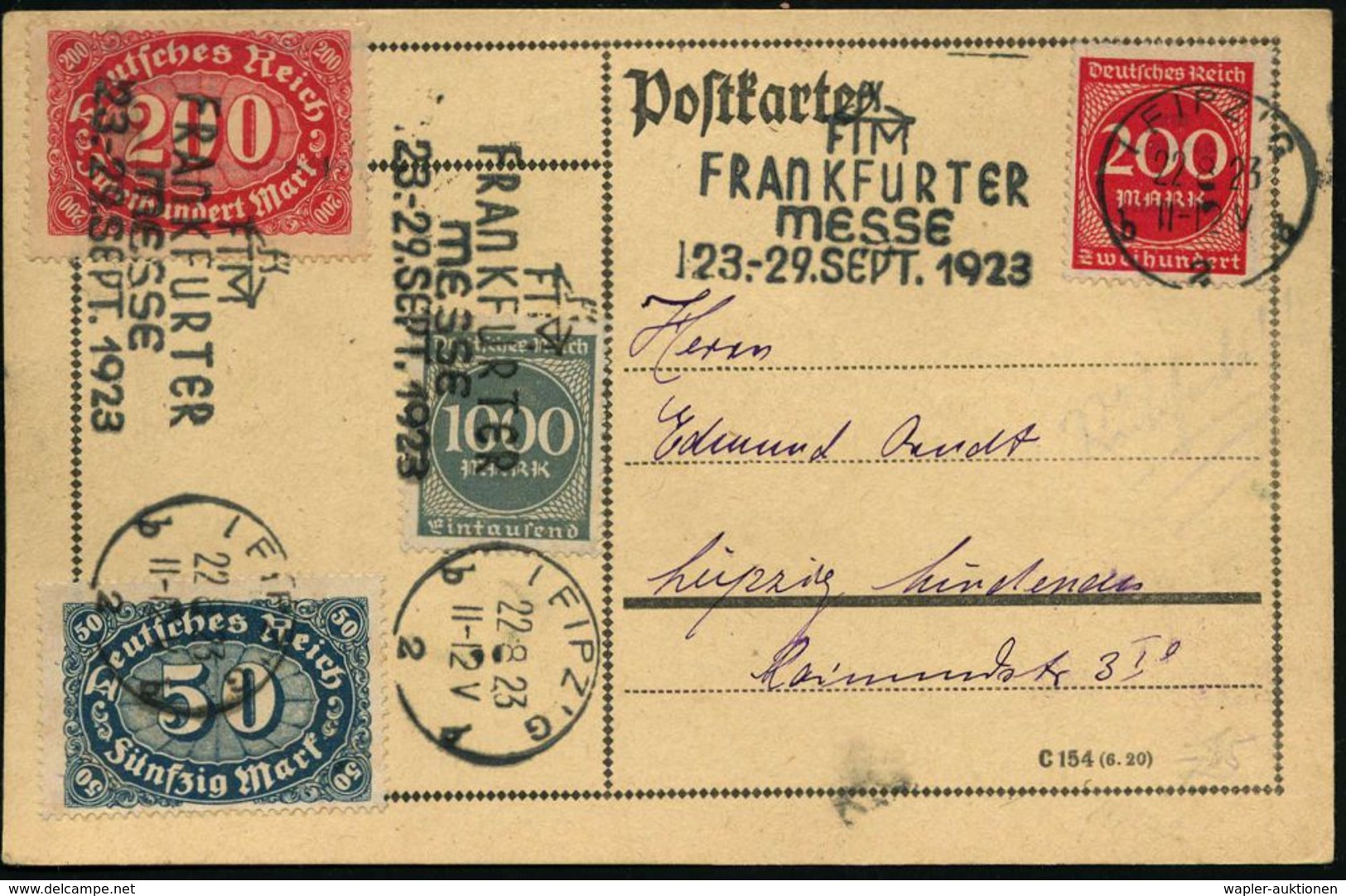 LEIPZIG/ B2b/ FIM/ FRANKFURTER/ MESSE/ 23.-29.SEPT. 1923 (22.8.) Seltener MWSt (Merkurhut) Mehrfach Auf Ortskt. (Bo.S 27 - Unclassified