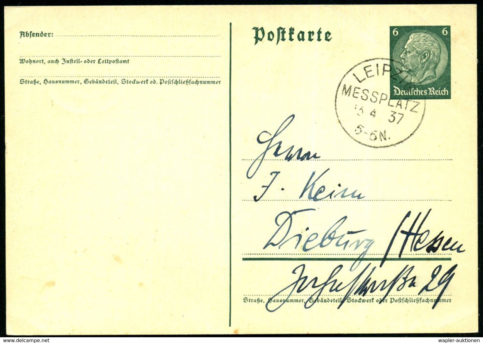 LEIPZIG/ MESSPLATZ 1937 (13.4.) Seltener, Nachverwendeter 1K-SSt = Alte, Klassische Form Auf Inl.-Karte (Bo.13 = Letztja - Ohne Zuordnung