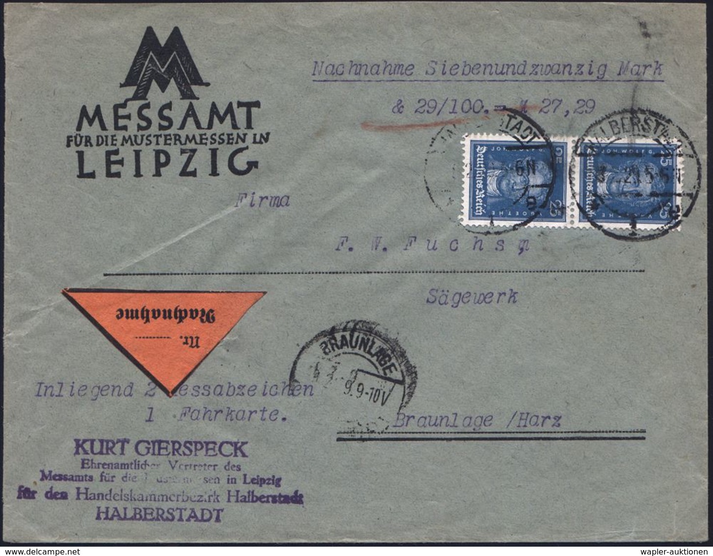 DEUTSCHES REICH 1929 (3.2.) 25 Pf. Goethe, MeF: Paar Auf Dekorat. Vordr.-Bf.: Messamt Leipzig (Außenstelle Halberstadt F - Sin Clasificación