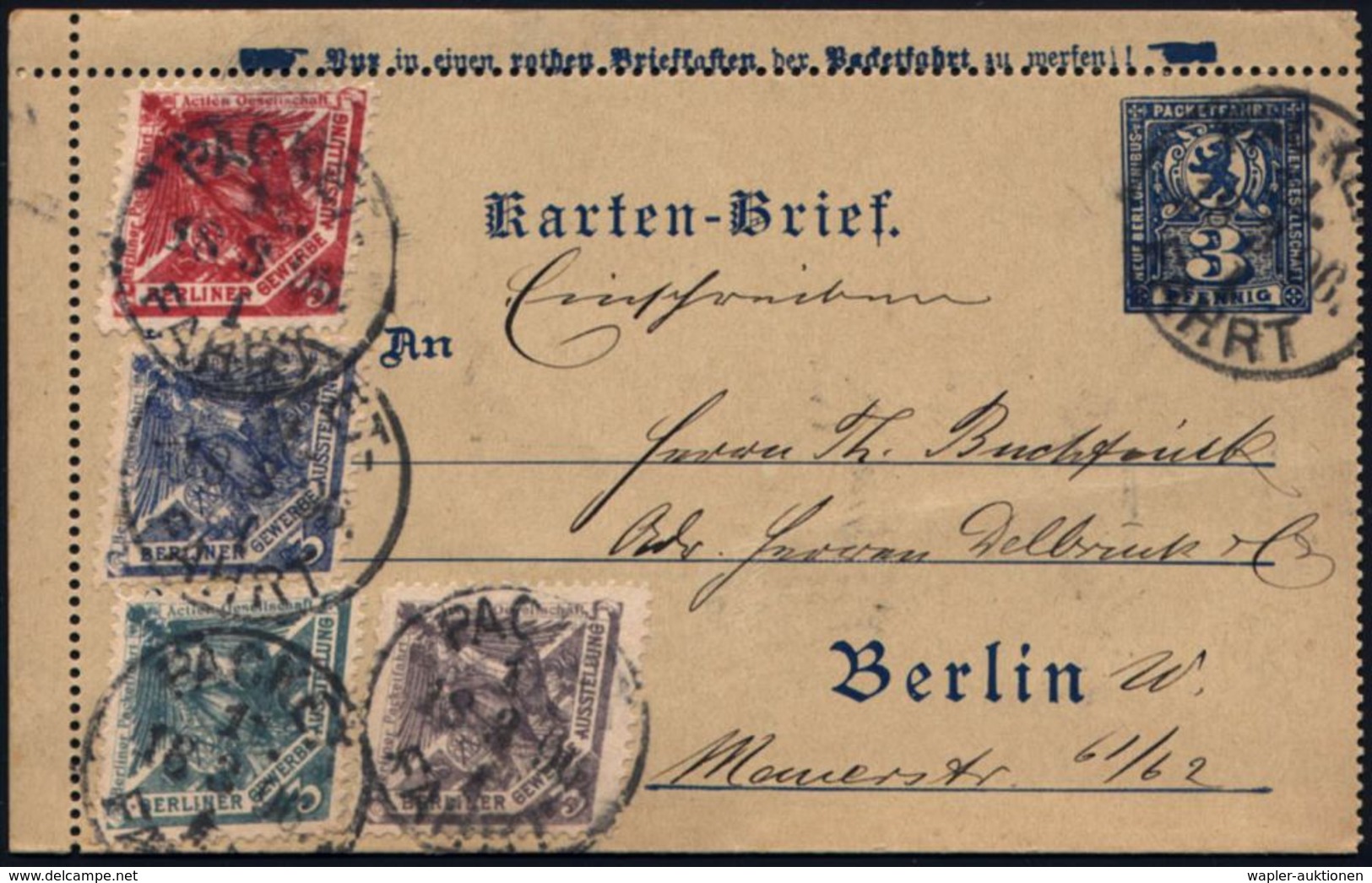 Berlin 1896 (18.3.) "Neue Berliner Omnibus- & Packetfahrt AG" 3 Pf. Kartenbf. "Bär" Blau + Kompl. Satz "Berliner Gewerbe - Non Classificati