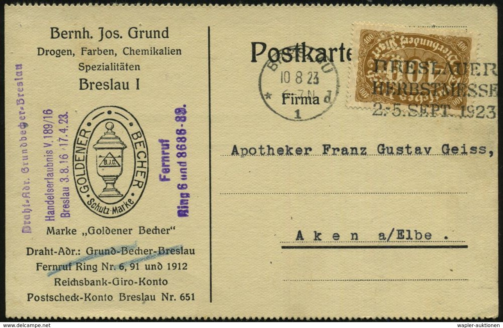 BRESLAU/ *1d/ BRESLAUER/ HERBSTMESSE/ 2.-5.SEPT. 1923 (10.8.) Seltener MWSt, Text Rechts Auf 400 Mk. Mit Firmenlochung ( - Zonder Classificatie