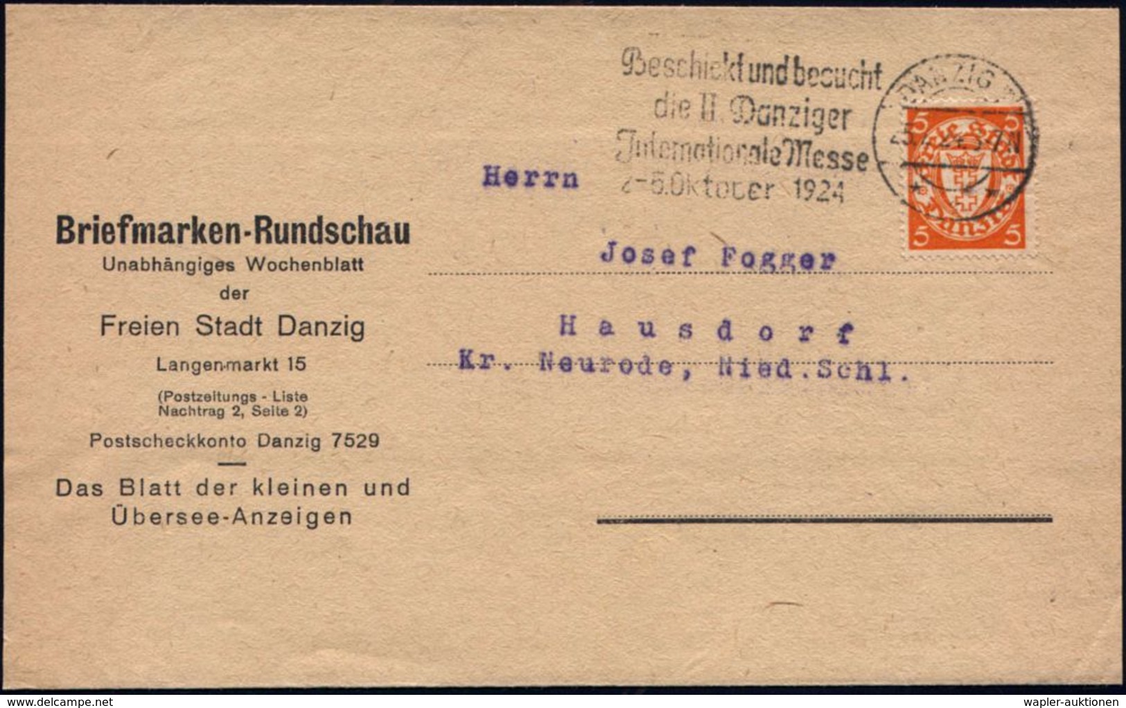 DANZIG 1924 (25.7.) MWSt: DANZIG 1/***/Beschickt U. Besucht/die II. Danziger/Jnternat. Messe.. (Wolff Nr.65) EF 5 Pf. Wa - Zonder Classificatie