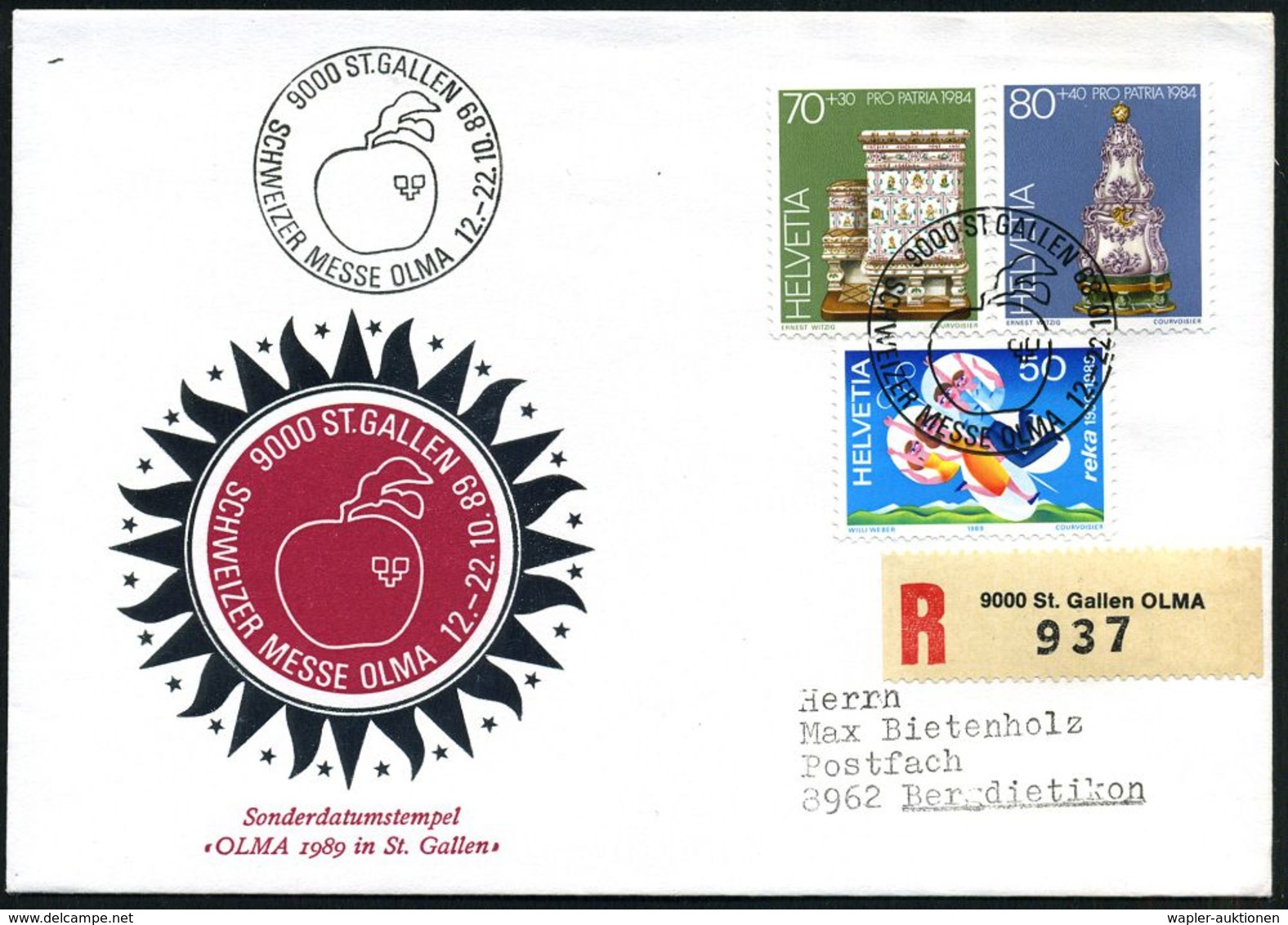 SCHWEIZ 1989 (Okt.) SSt.: 9000 ST. GALLEN/SCHWEIZER MESSE  O L M  A = Apfel + Sonder-RZ: 9000 St. Gallen  O L M A  (= Ag - Non Classificati