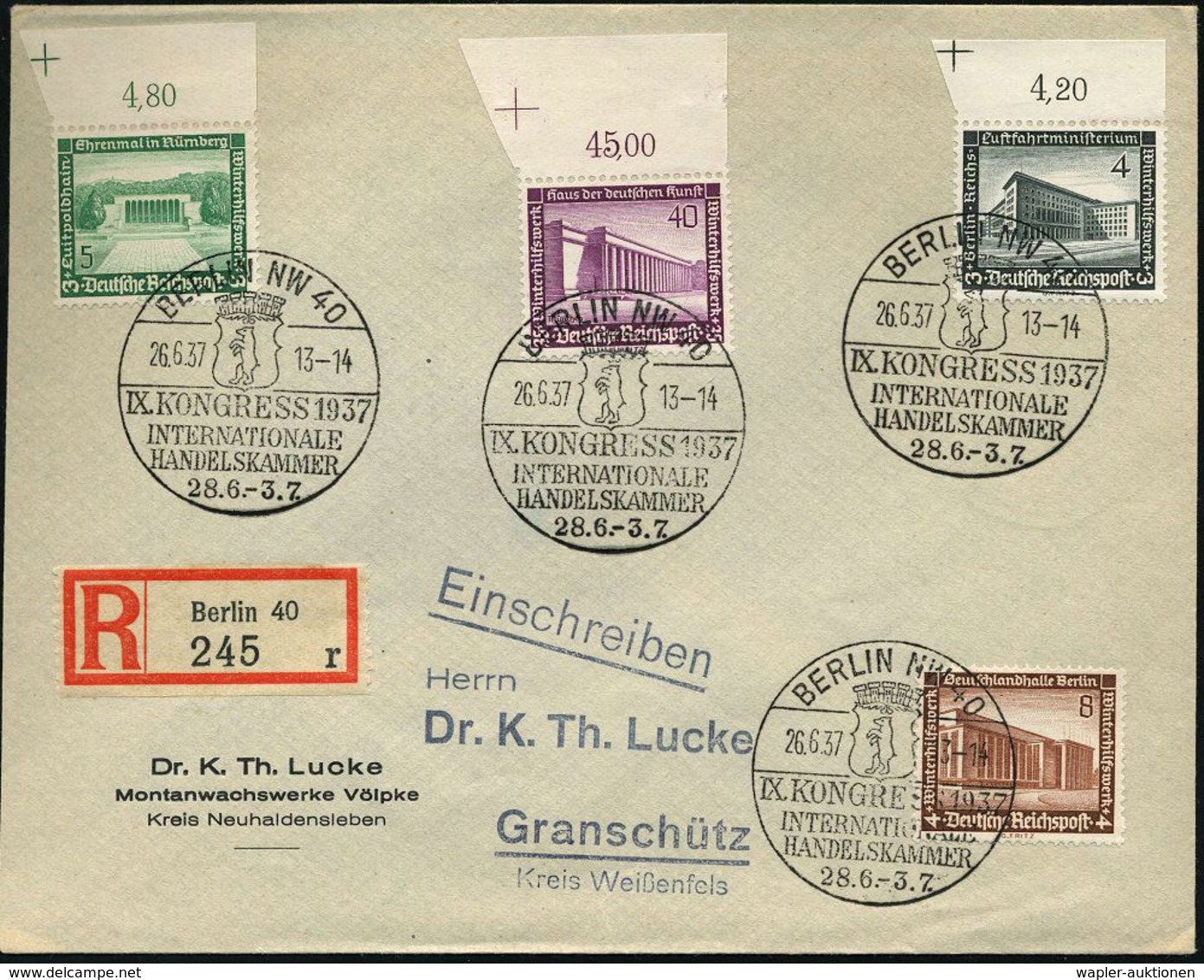 BERLIN NW 40/ IX.KONGRESS/ INTERNAT./ HANDELSKAMMER 1937 (26.6.) SSt = Berliner Wappen, 4x = Internat. Wirtschfatfs-Them - Altri & Non Classificati