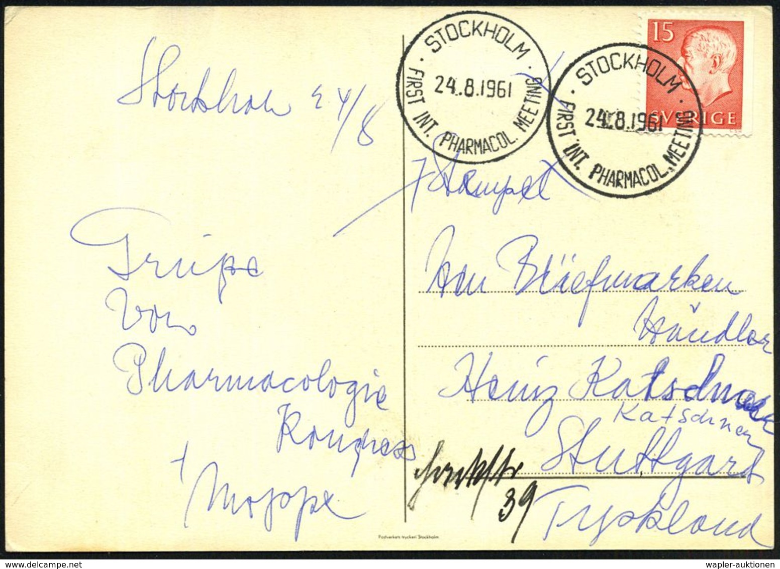 SCHWEDEN 1961 (24.8.) SSt.: STOCKHOLM/FIRST INT. PHARMACOL. MEETING (= 1. Internat. Pharmakologen-Kongreß) 2x Klar Gest. - Autres & Non Classés