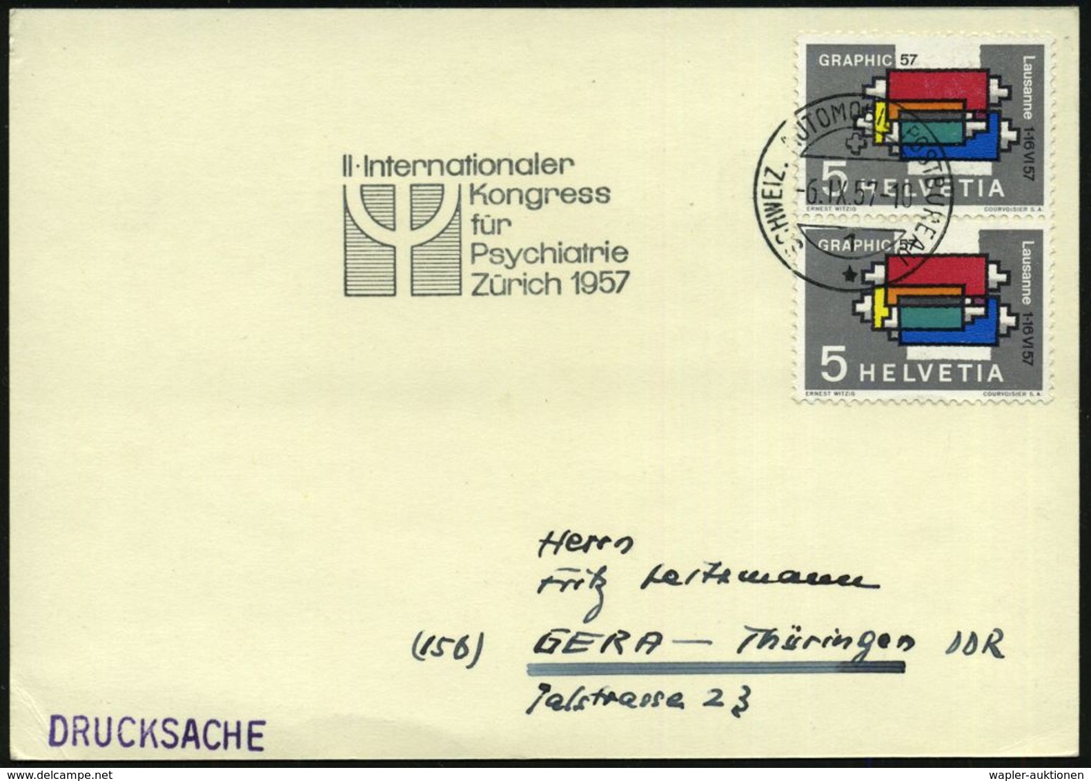 SCHWEIZ 1957 (6.9.) Amtl. HdN: II. Internat./Kongress/für/ Psychiatrie/ Zürich 1957 + 1K: AUTO-POSTBUREAU/1 , Klar Gest. - Andere & Zonder Classificatie