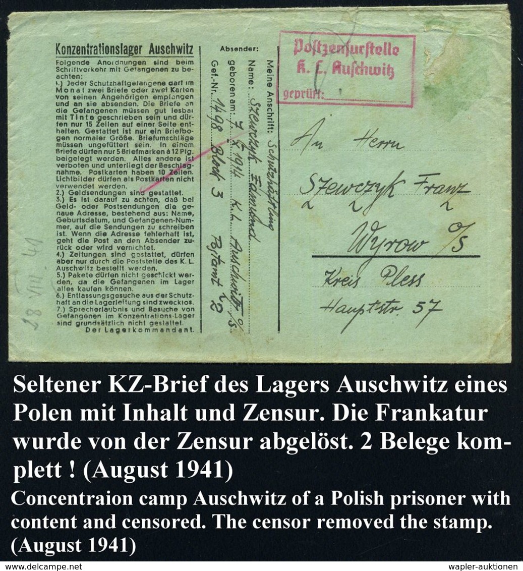 Auschwitz (Oberschles.) 1941 (31.8.) Blauer Vordr.-Bf.: Konzentrationslager Auschwitz Mit 7 Regeln Der Lagerordnung, Fra - Judaika, Judentum