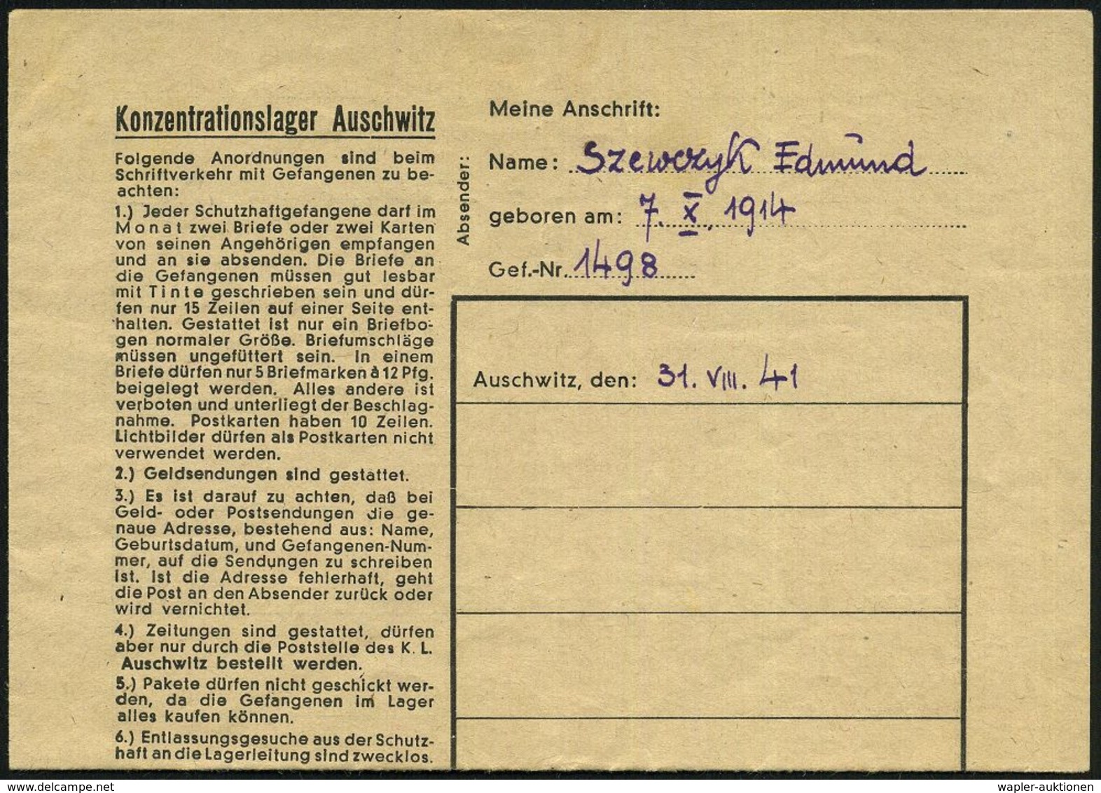 Auschwitz (Oberschles.) 1941 (31.8.) Blauer Vordr.-Bf.: Konzentrationslager Auschwitz Mit 7 Regeln Der Lagerordnung, Fra - Judaika, Judentum