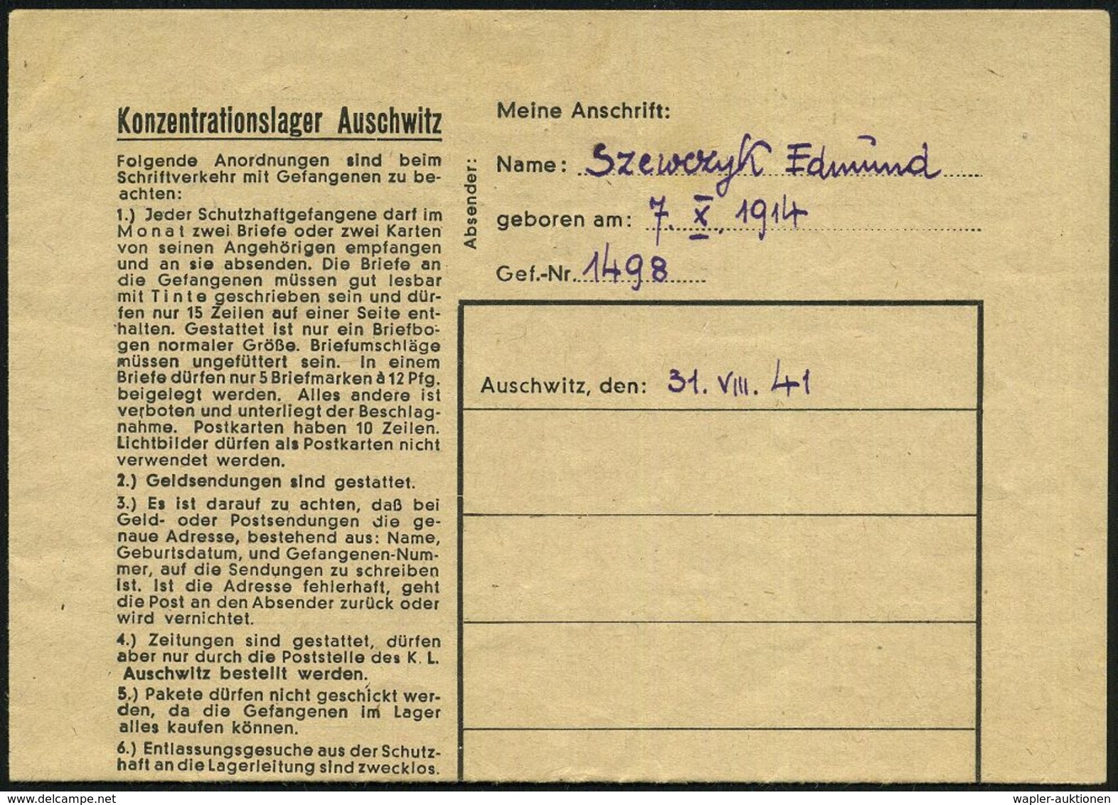 Auschwitz (Oberschles.) 1941 (31.8.) Blauer Vordr.-Bf.: Konzentrationslager Auschwitz Mit 7 Regeln Der Lagerordnung, Fra - Joodse Geloof