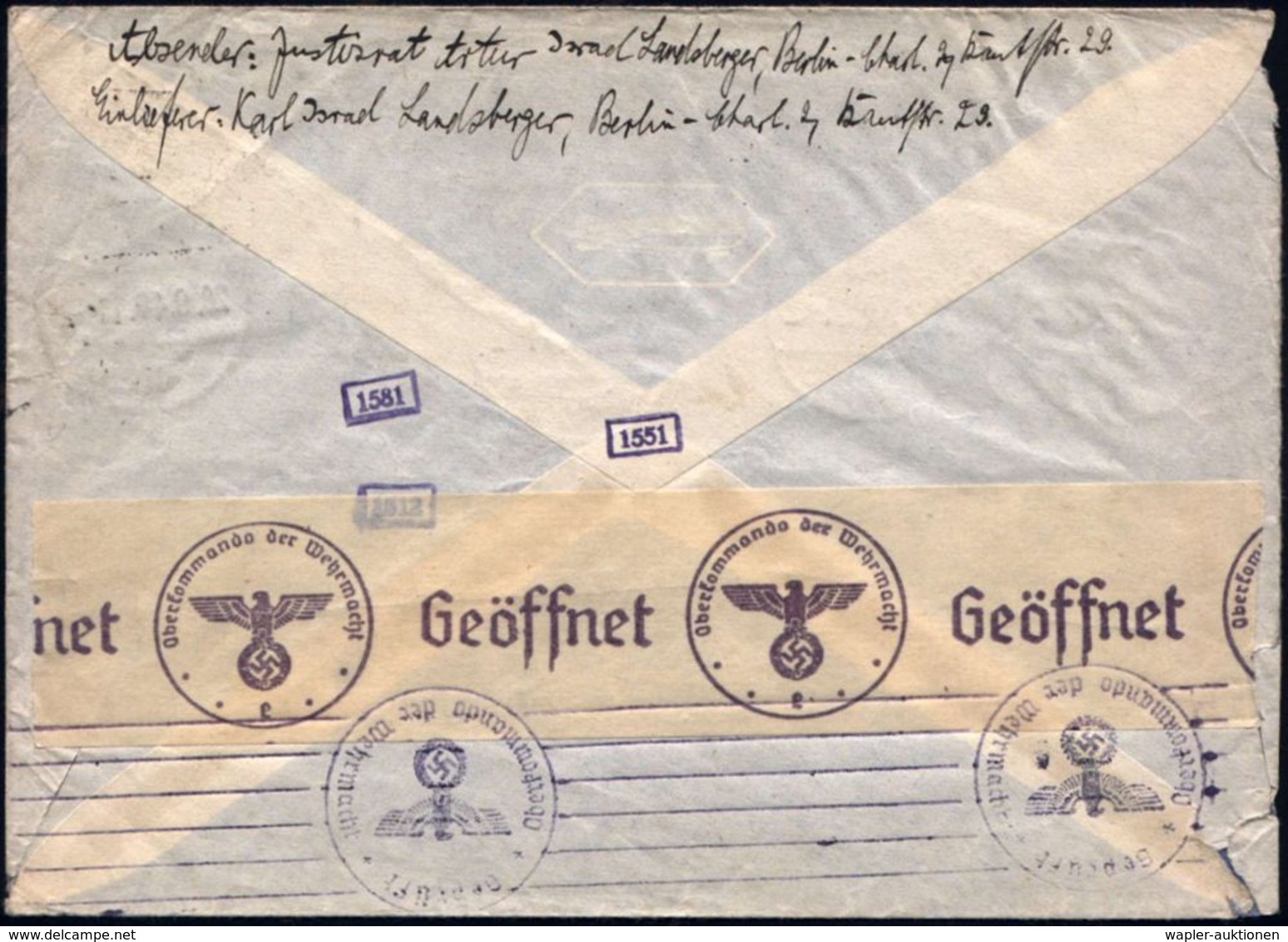 BERLIN W/ 50/ P 1940 (20.9.) 1K-Brücke Auf 65-Pf.-Frankatur, Rs. Hs. Abs. Mit NS-Zwangsnamen "Justizrat Artur  J S R A E - Joodse Geloof