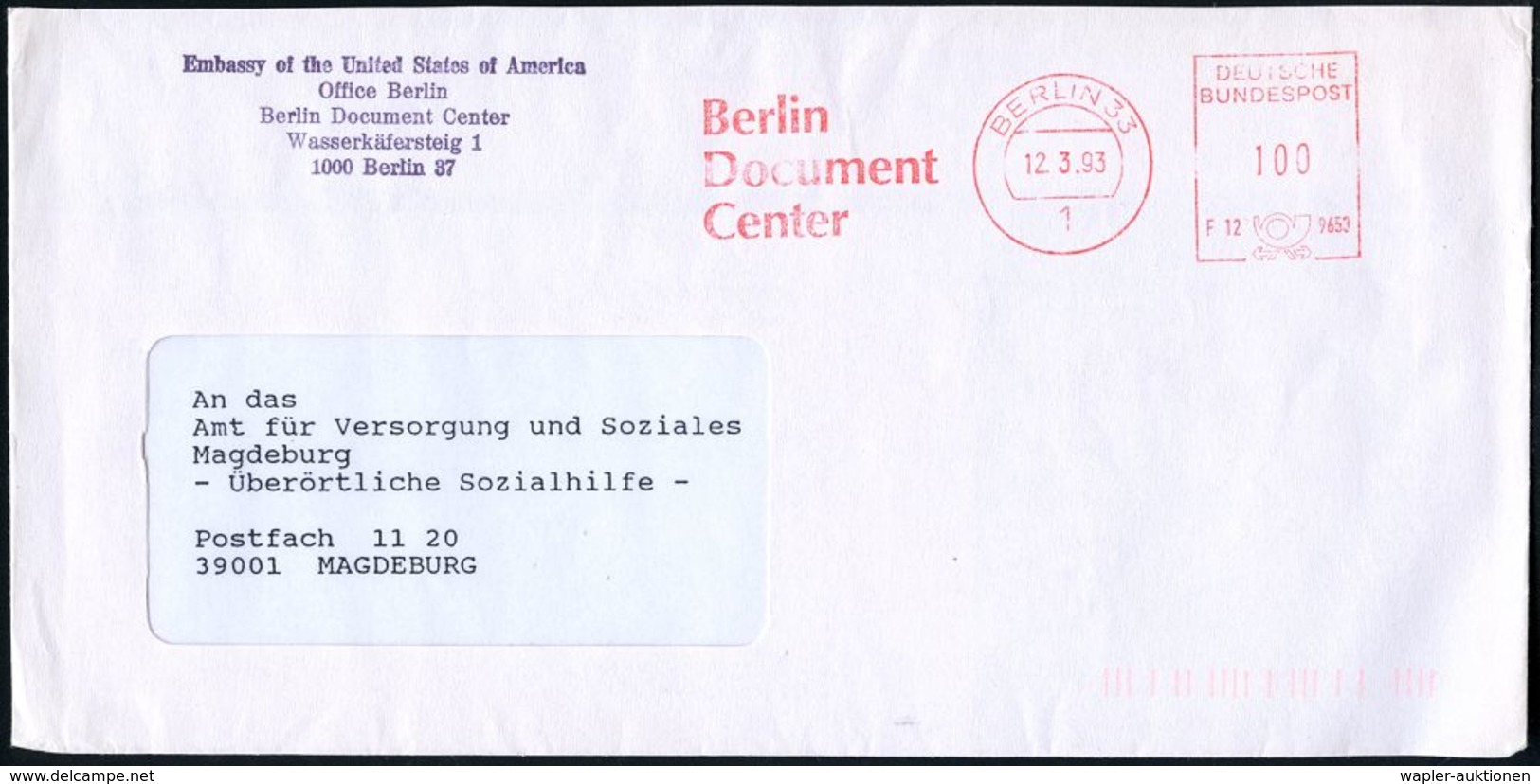 1 BERLIN 33/ F12 9653/ Berlin/ Document/ Center 1993 (20.4.) Seltener AFS + Viol. Abs.-4L: Embassy Of The USA.. Berlin D - Guidaismo