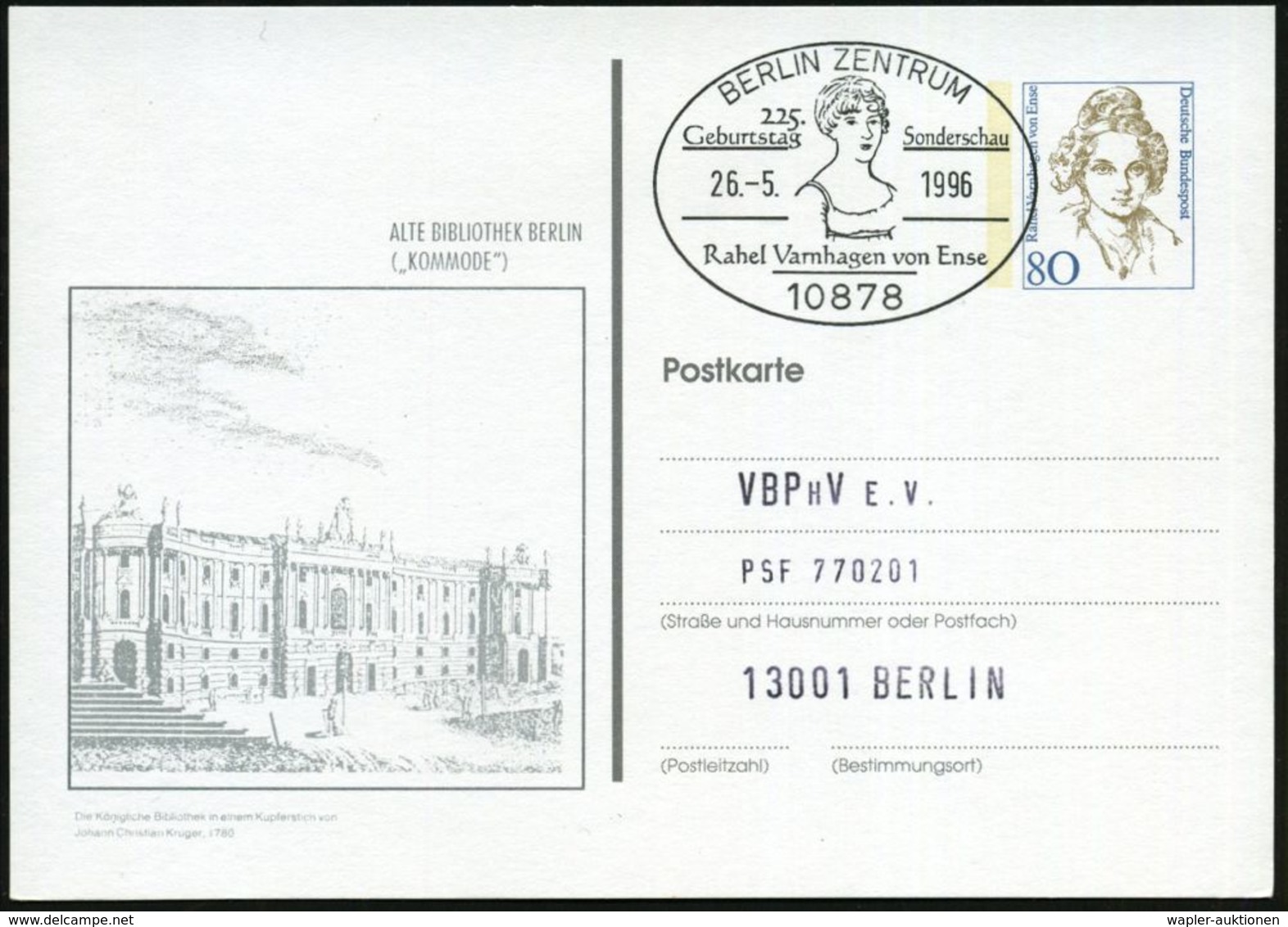 10878 BERLIN ZENTRUM/ 225.Geburtstag Sonderschau/ Rahel Varnhagen Von Ende 1996 (26.5.) SSt (Brustbild) Auf  PP 80 Pf. V - Judaika, Judentum