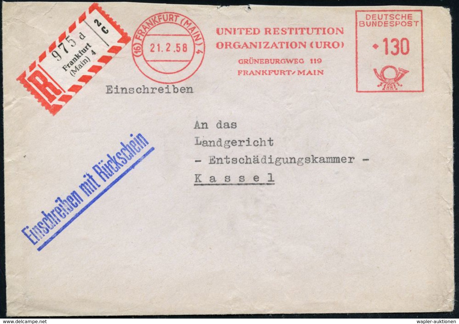 (16) FRANKFURT (MAIN)4/ UNITED RESTITUTION/ ORGANIZATION (URO).. 1958 (21.2.) AFS 130 Pf. + RZ: Frankfurt/(Main) 4/d (ob - Judaika, Judentum