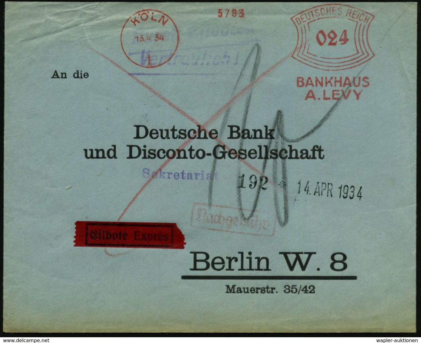 KÖLN/ 1/ BANKHAUS/ A.LEVY 1934 (13.4.) AFS 024 Pf. = Bedeutendste Privatbank Der Weimarer Republik (rs. Klappen-Eckfehle - Judaisme