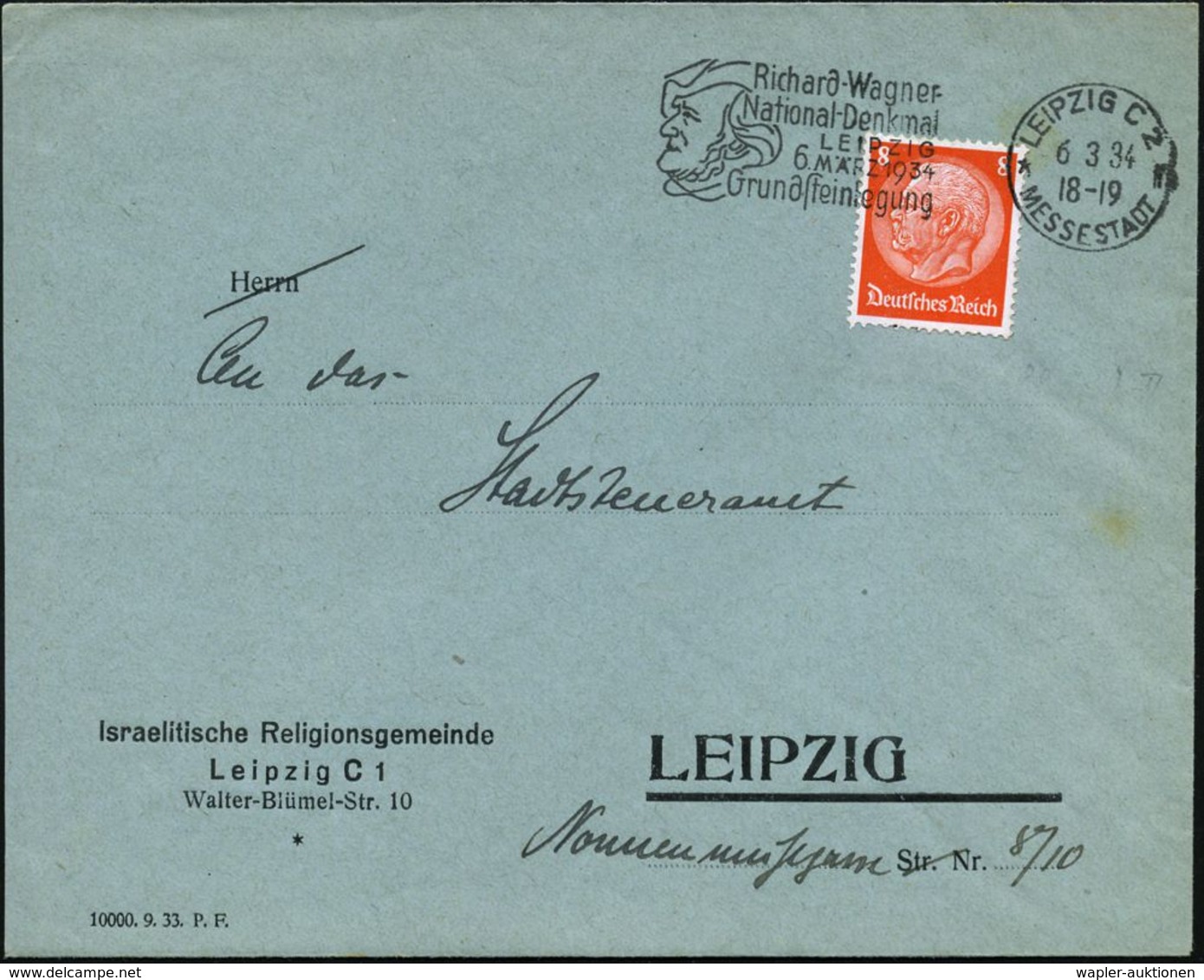 LEIPZIG C2/ *ff/ MESSESTADT/ Richard-Wagner-/ Nat.Denkmal 1934 (6.3.) MWSt = Wagnerkopf = Deutscher Komponist  U N D  An - Jewish