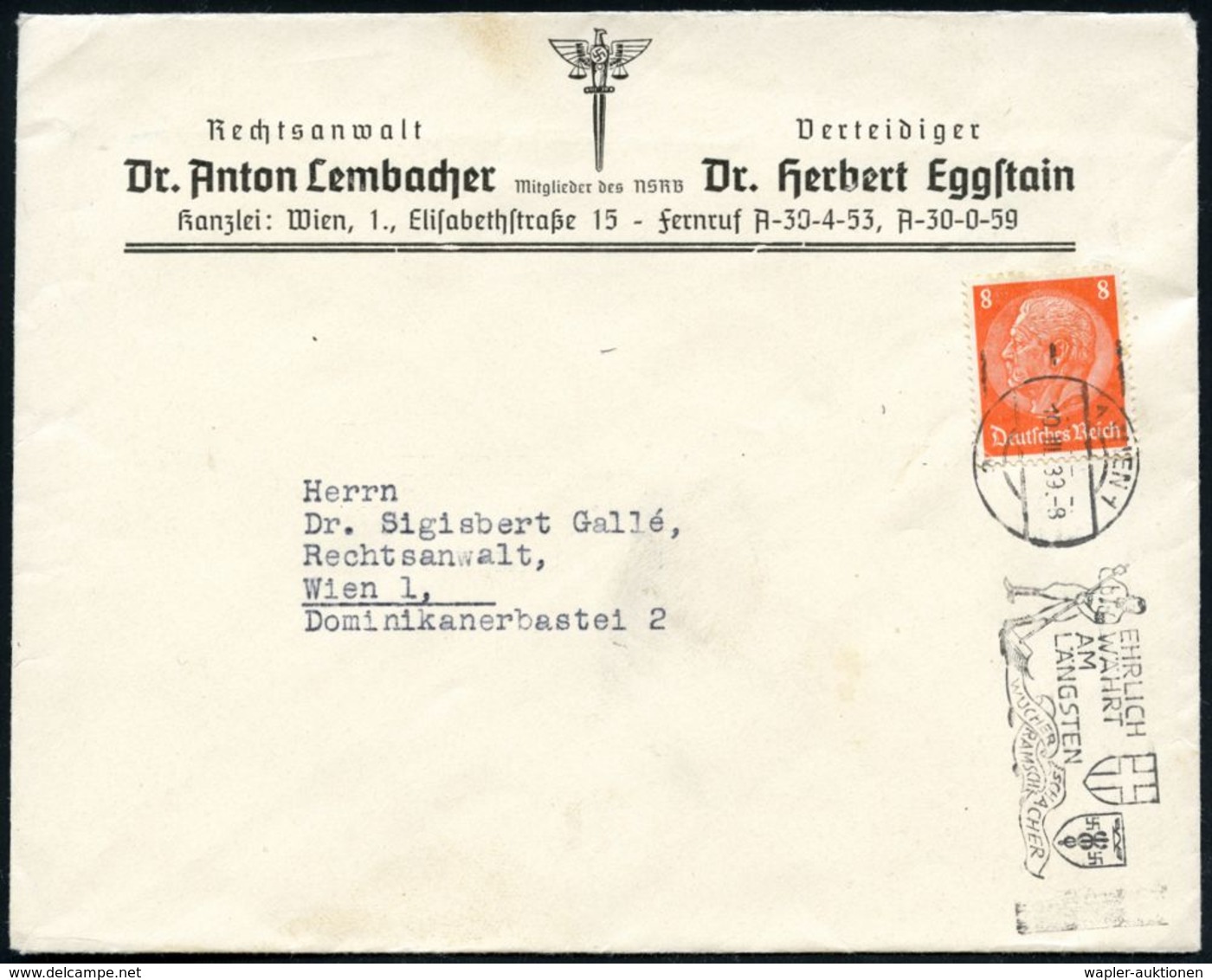 WIEN 101/ A/ EHRLICH/ WÄHRT/ AM/ LÄNGSTEN/ WUCHER/ RAMSCH/ SCHACHER 1939 (10.3.) Seltener Anti-semitischer MWSt (österr. - Jewish