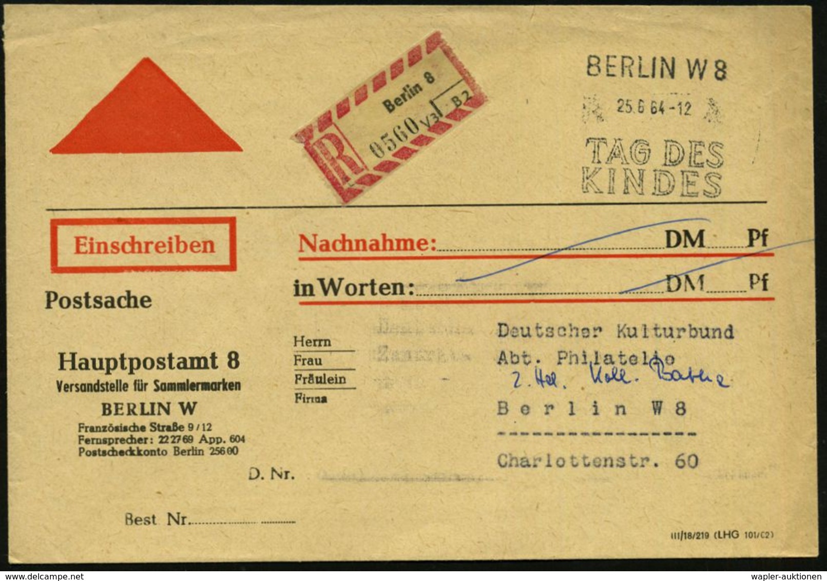BERLIN W 8/ TAG DES/ KINDES 1964 (25.6.) SSt + RZ: Berlin 8 , Dienst-Bf.: Postsache/.. Versandstelle Für Sammlermarken,  - Andere & Zonder Classificatie