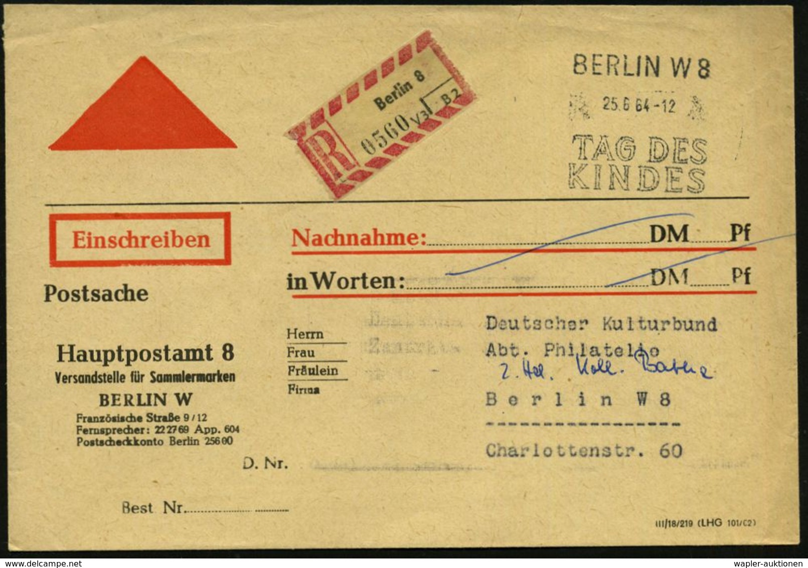 BERLIN W 8/ TAG DES/ KINDES 1964 (25.6.) SSt + RZ: Berlin 8 , Dienst-Bf.: Postsache/.. Versandstelle Für Sammlermarken,  - Autres & Non Classés